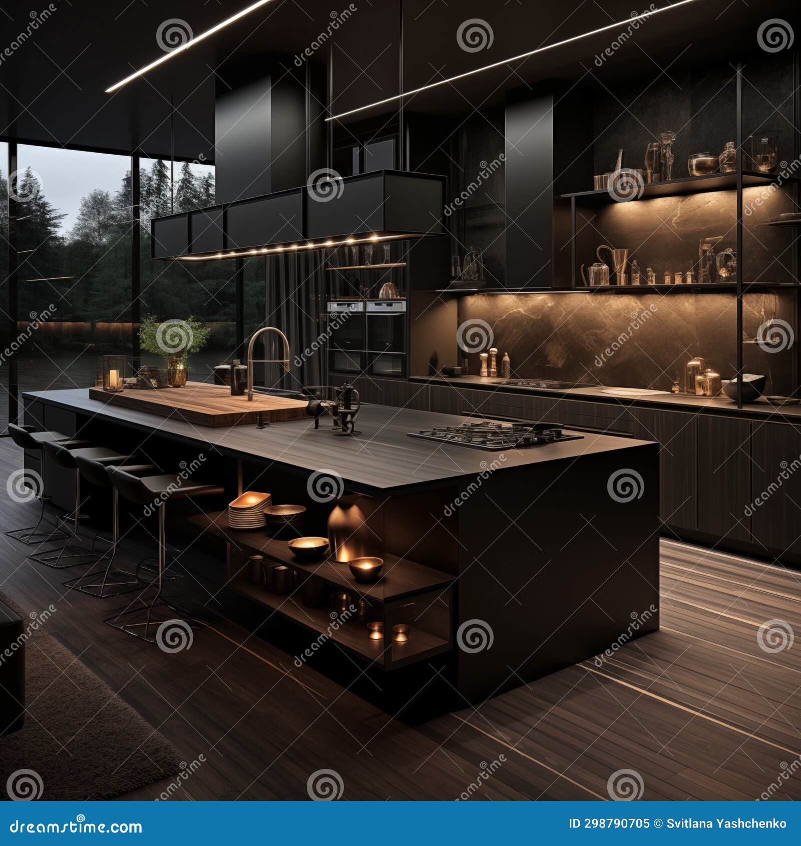 Luxury Black Kitchen with Large Kitchen Island and Windows Dark Tones