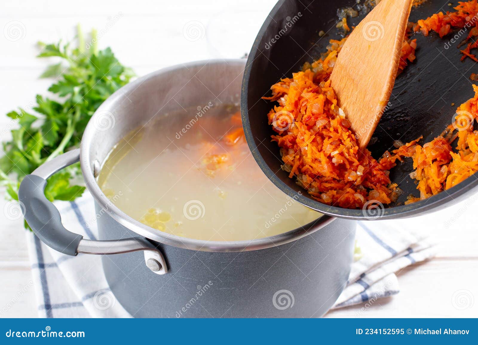 Stepbystep Preparation Soup with Pumpkin, Step Adding Vegetable