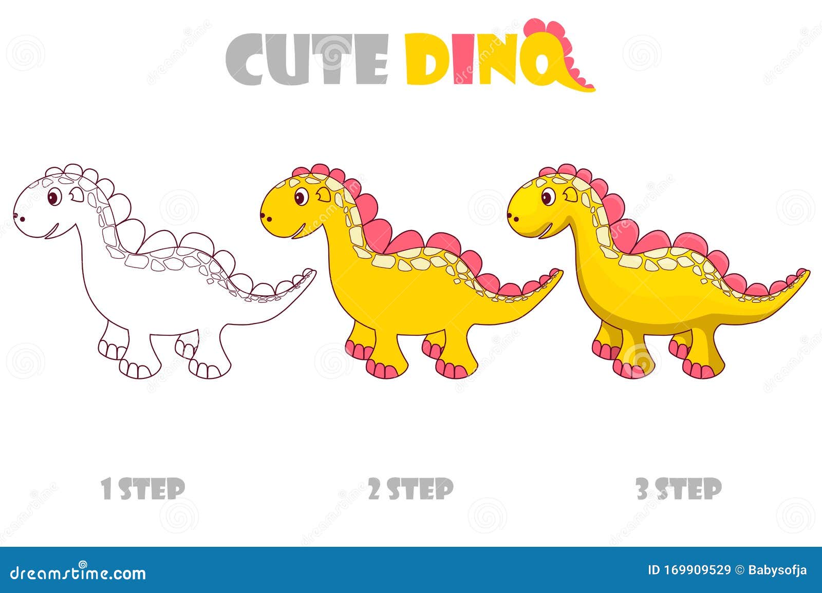 Step By Step Coloring Girly Orange Cute Dino. Stock Vector ...