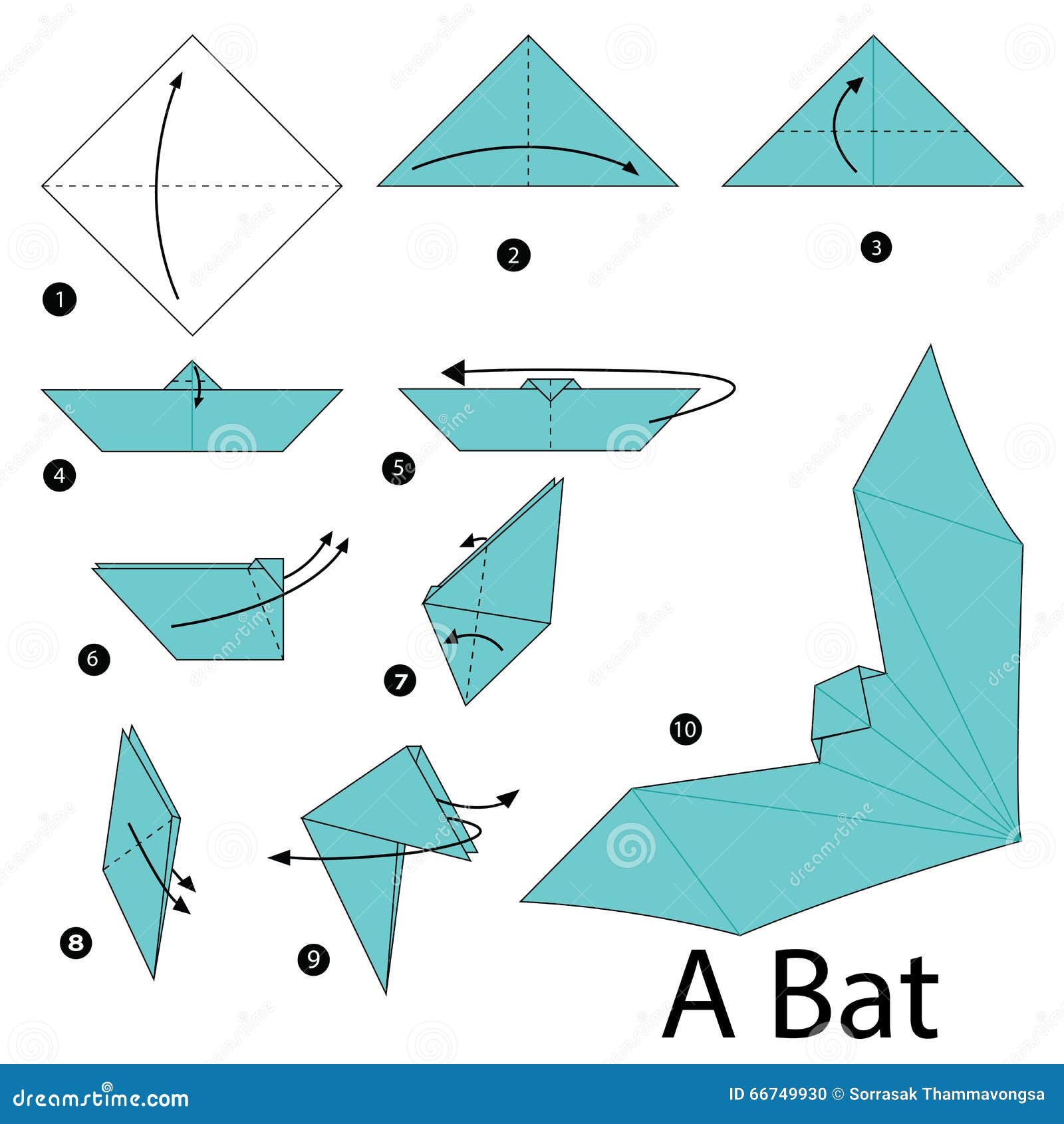 Step By Step Instructions How To Make Origami A Bat. Stock Vector