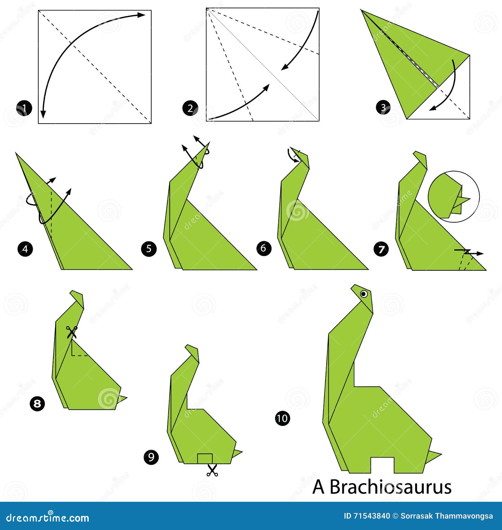 step by step instructions how to make origami a dinosaur.