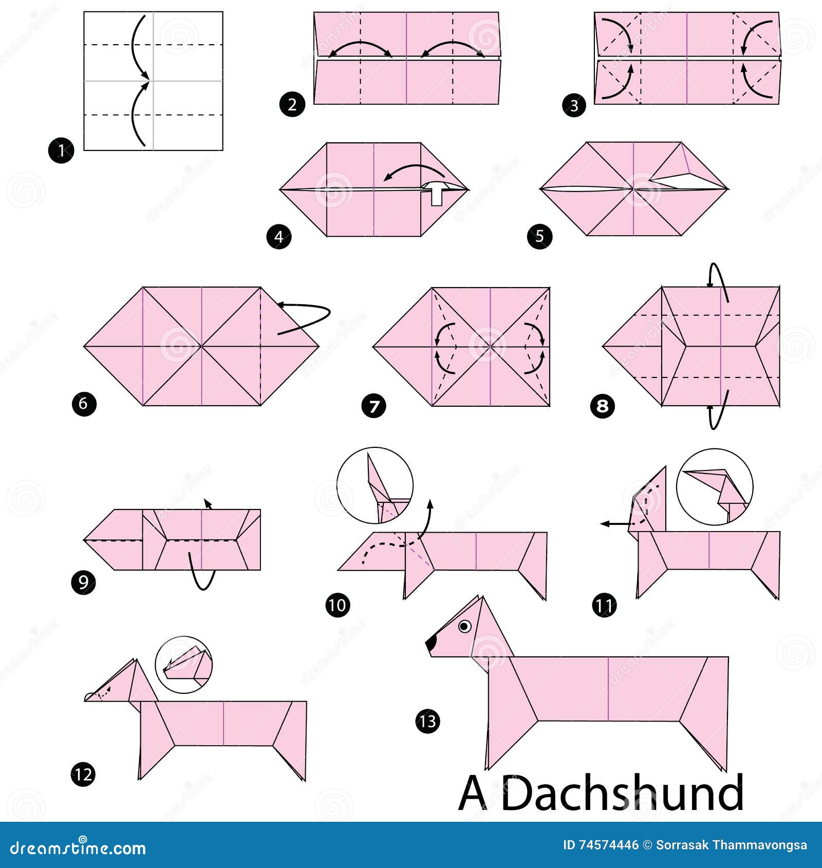 Step by Step Instructions How To Make Origami a Dog. Stock Vector