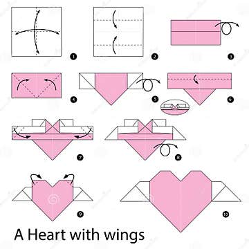 Step by Step Instructions How To Make Origami a Heart with Wings. Stock ...