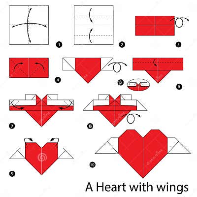 Step by Step Instructions How To Make Origami Heart with Wings. Stock ...
