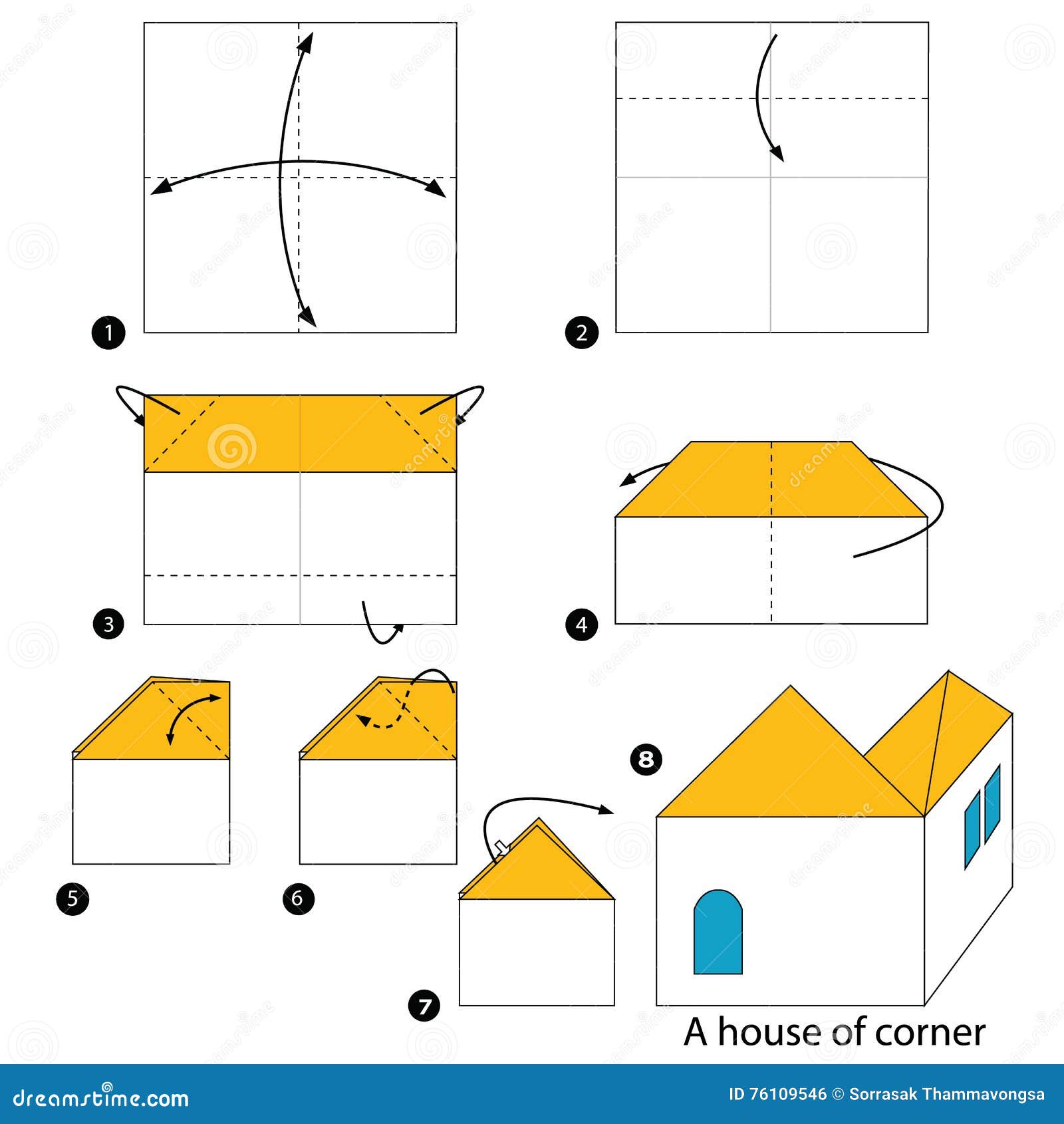 Step By Step Instructions How To Make Origami A House Of Corner Stock