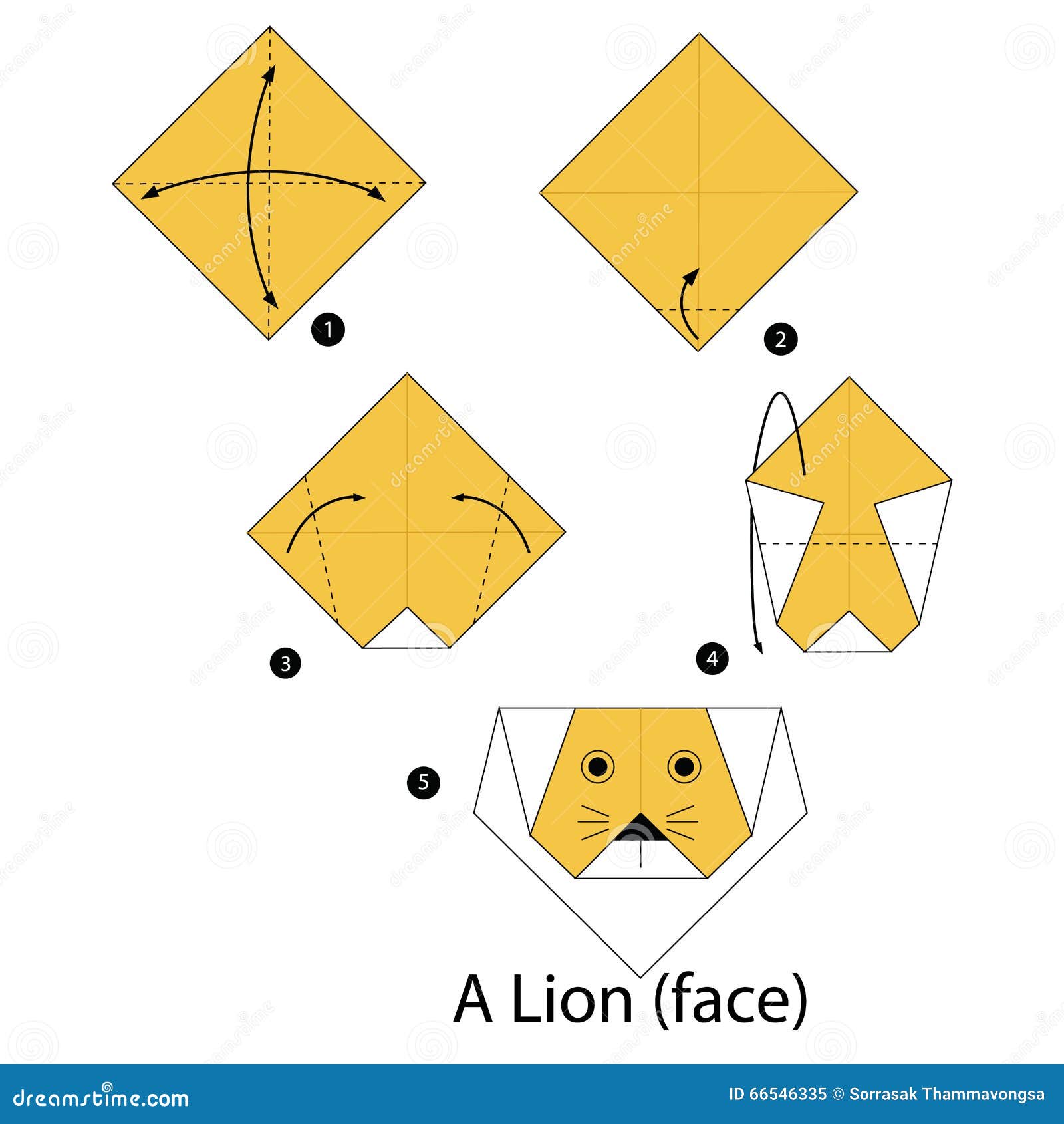 Step By Step Instructions How To Make Origami Lion. Stock Vector Illustration of steps, face