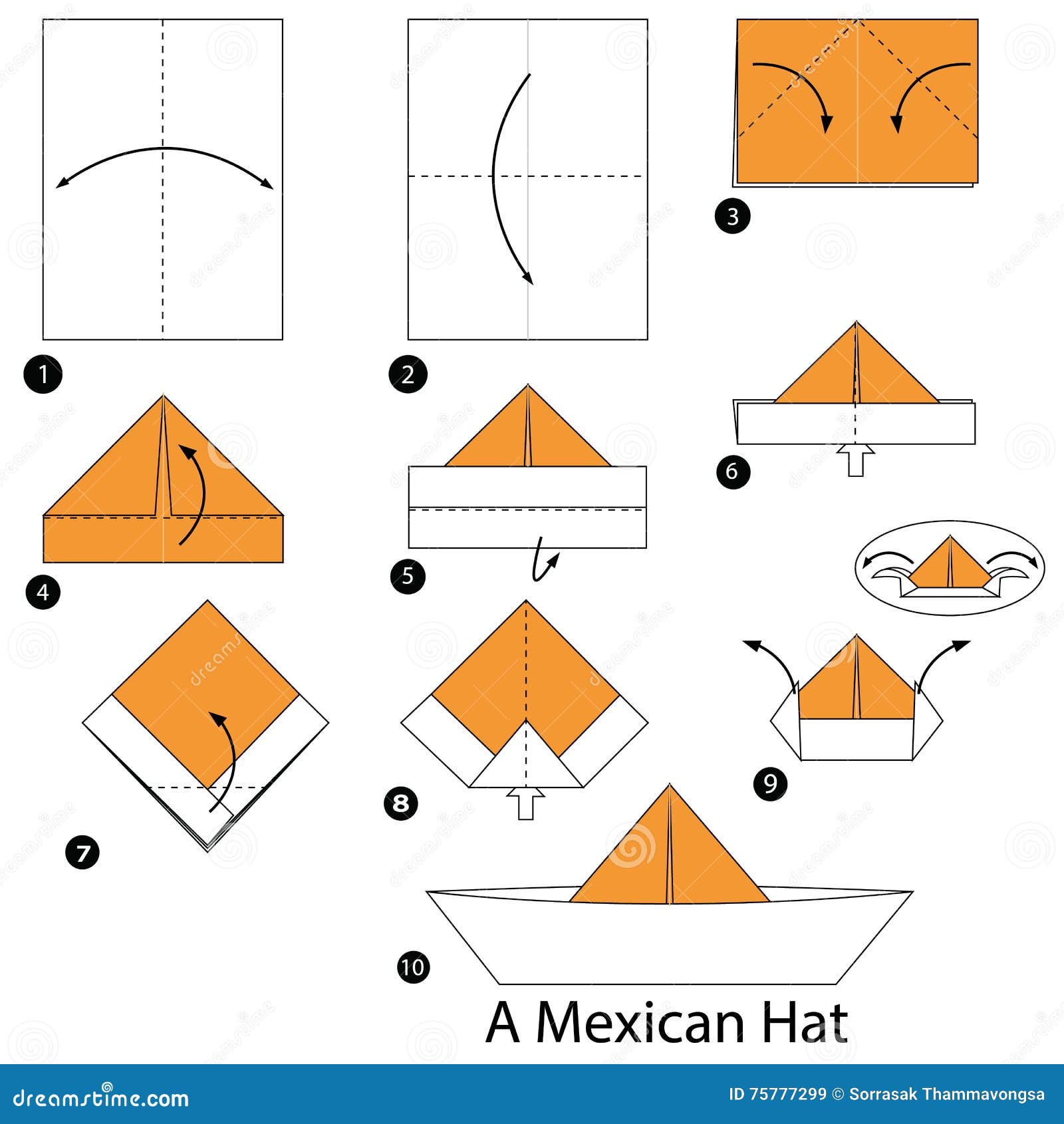 Step By Step Instructions How To Make Origami A Mexican Hat. Stock Vector Illustration of