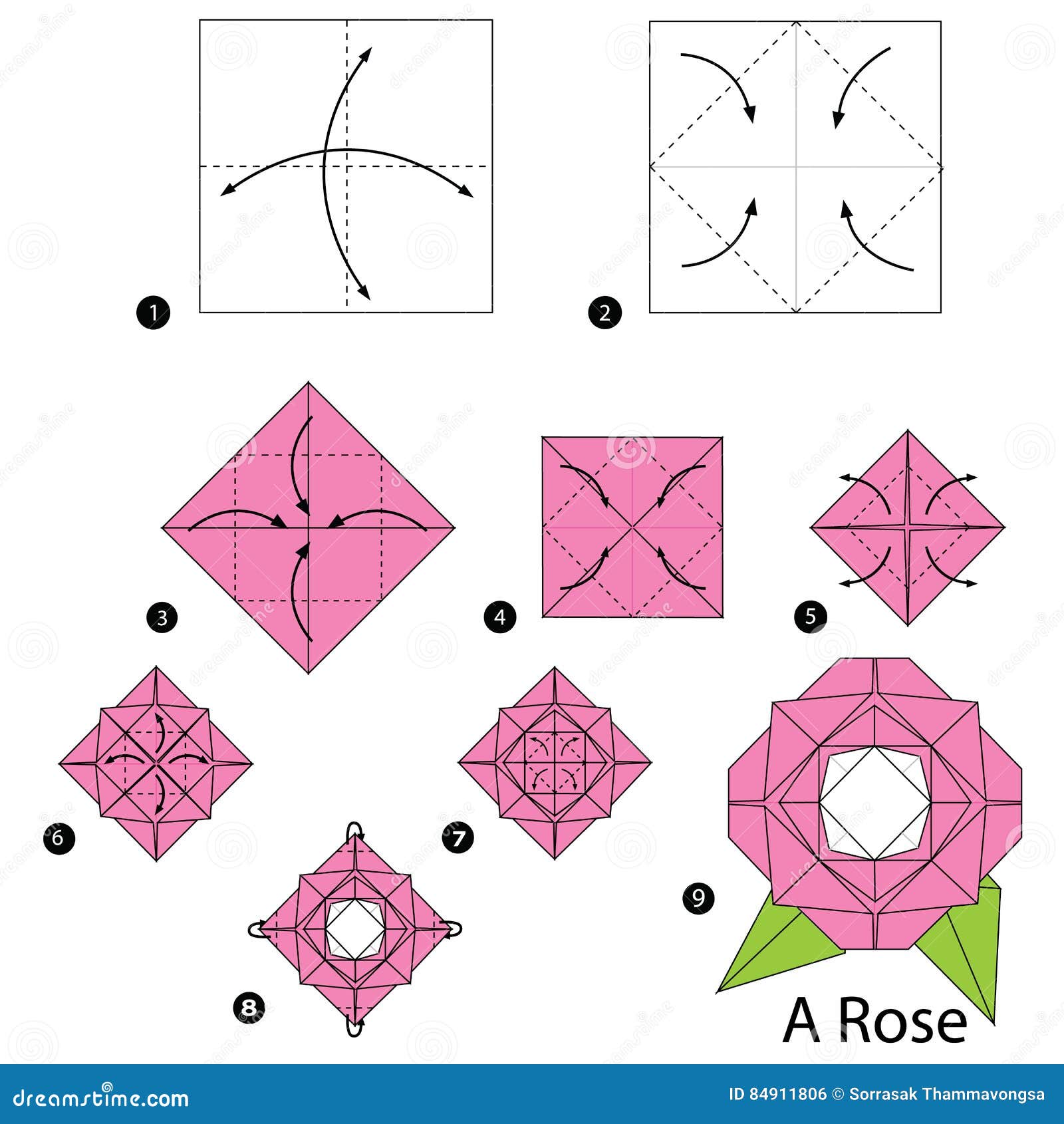 Step By Step Instructions How To Make Origami A Rose Stock