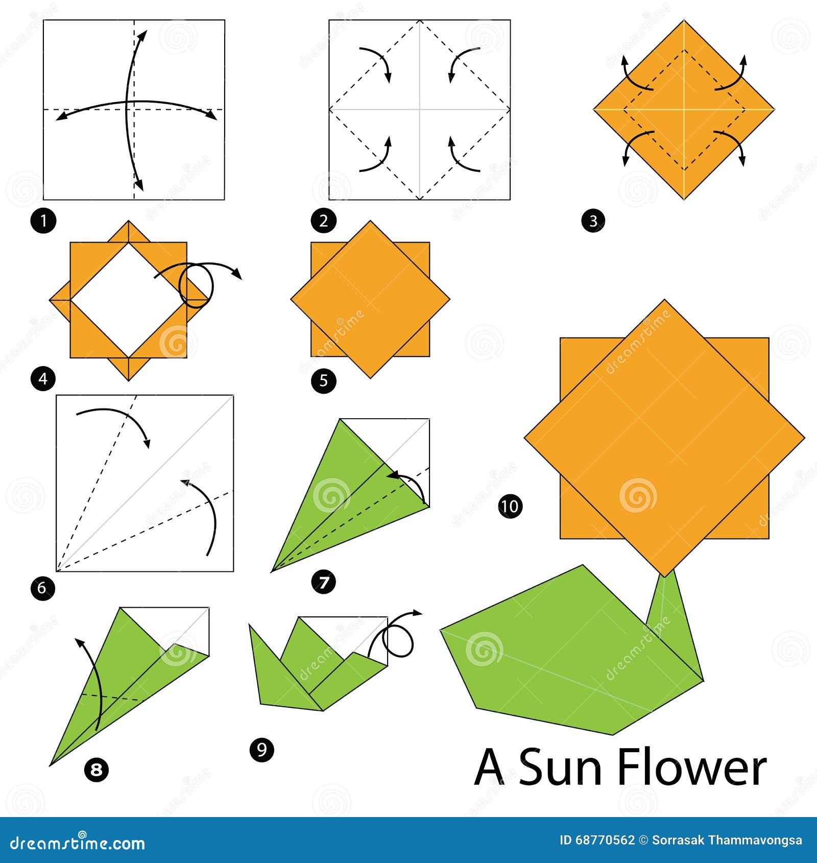 Step By Step Instructions How To Make Origami A Sun Flower. Stock Vector Illustration of