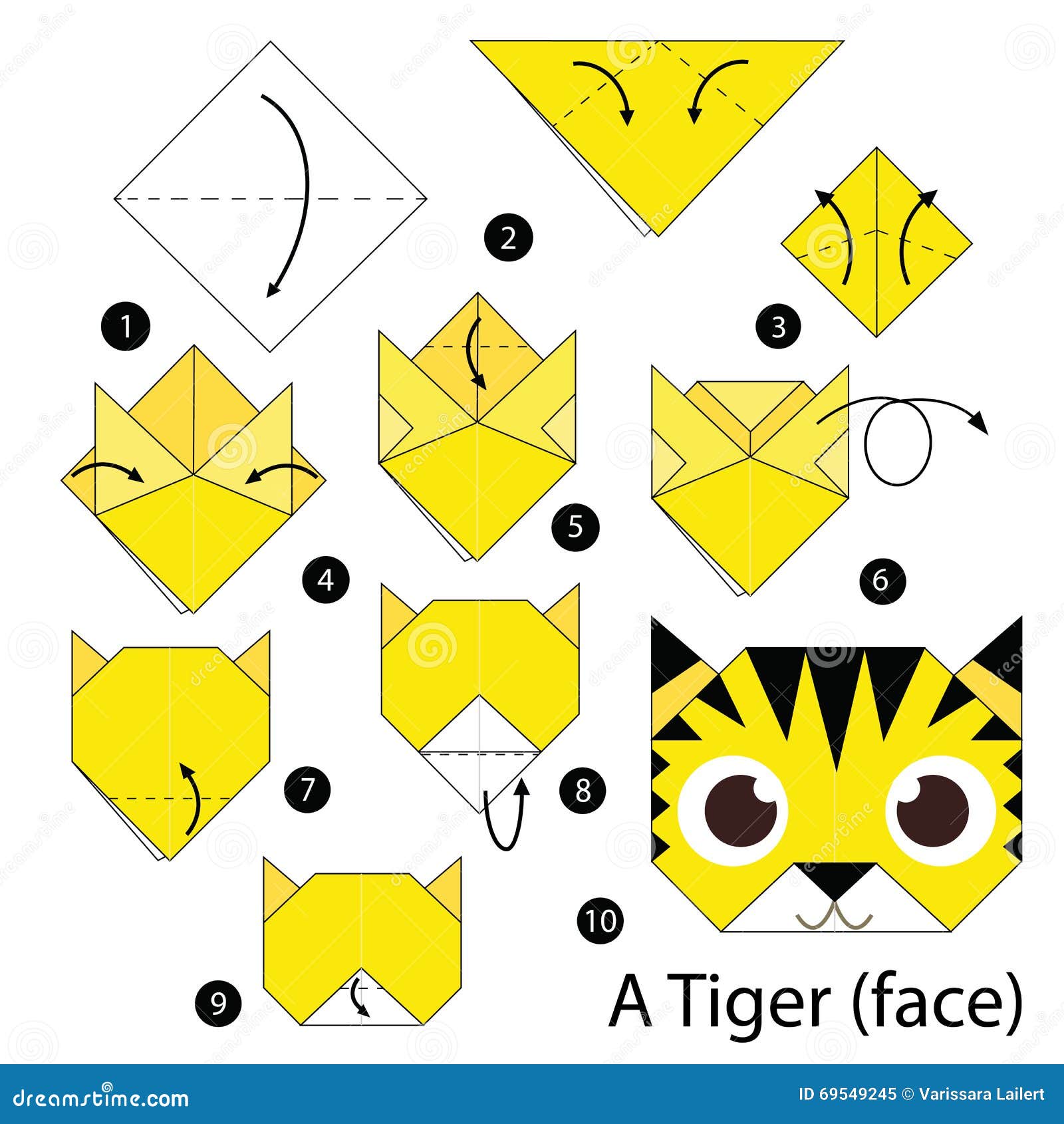 Step By Step Instructions How To Make Origami A Tiger. Stock Vector Illustration of element