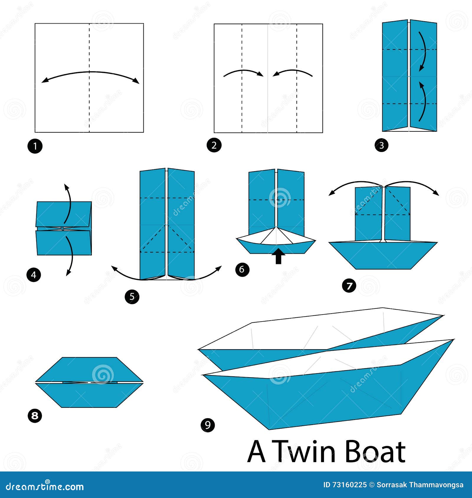 Step by Step Instructions How To Make Origami a Twin Boat. Stock Vector