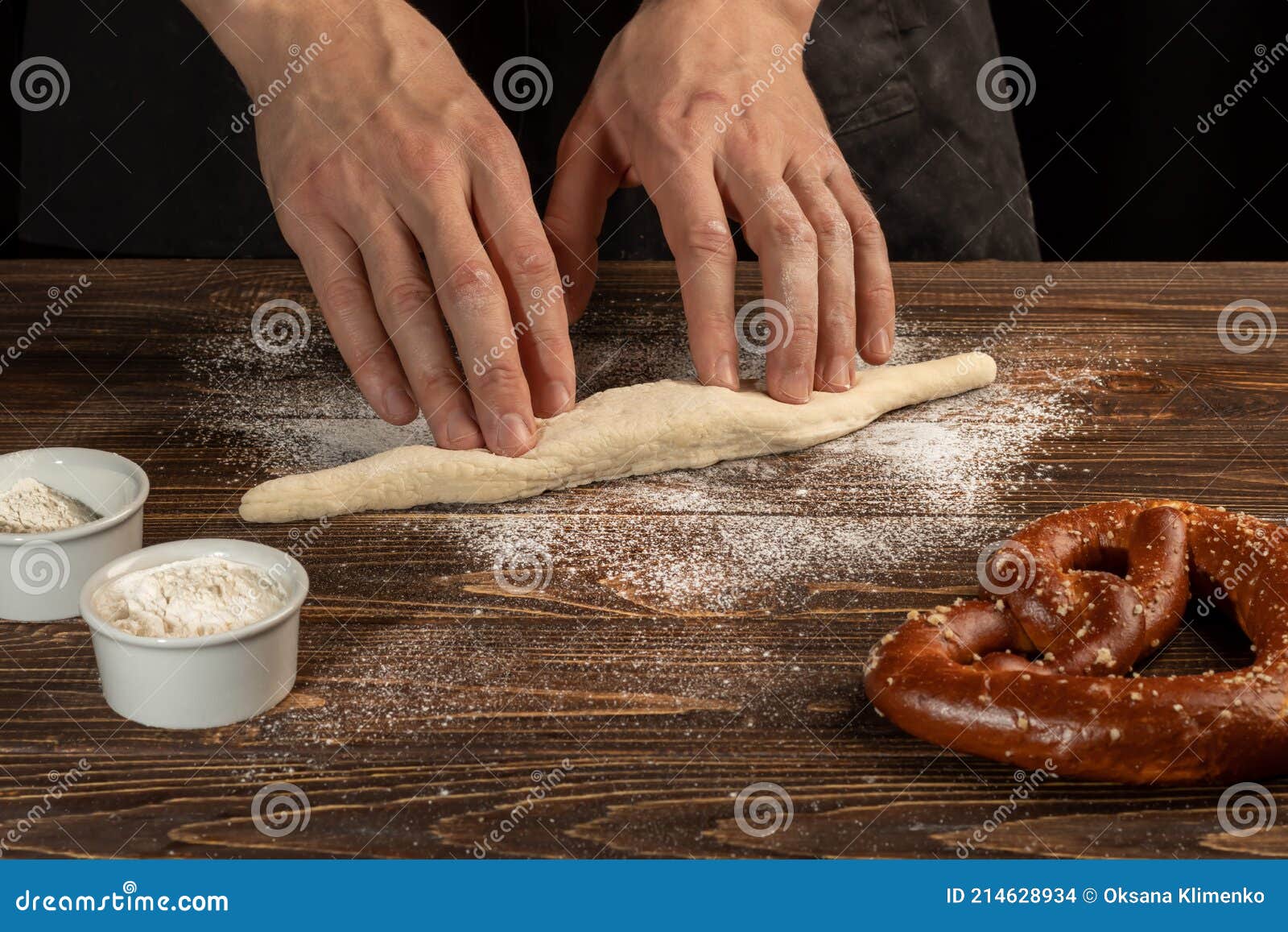 Stepbystep Instructions For Making Pretzels. The Cook Rolls Out The Dough And Rolls Out The