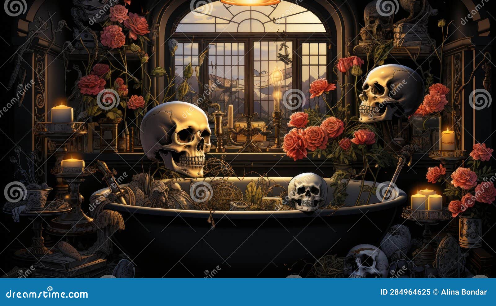 step into a surreal world where a skeleton finds relaxation in a claw bathtub. ceated with generative ai