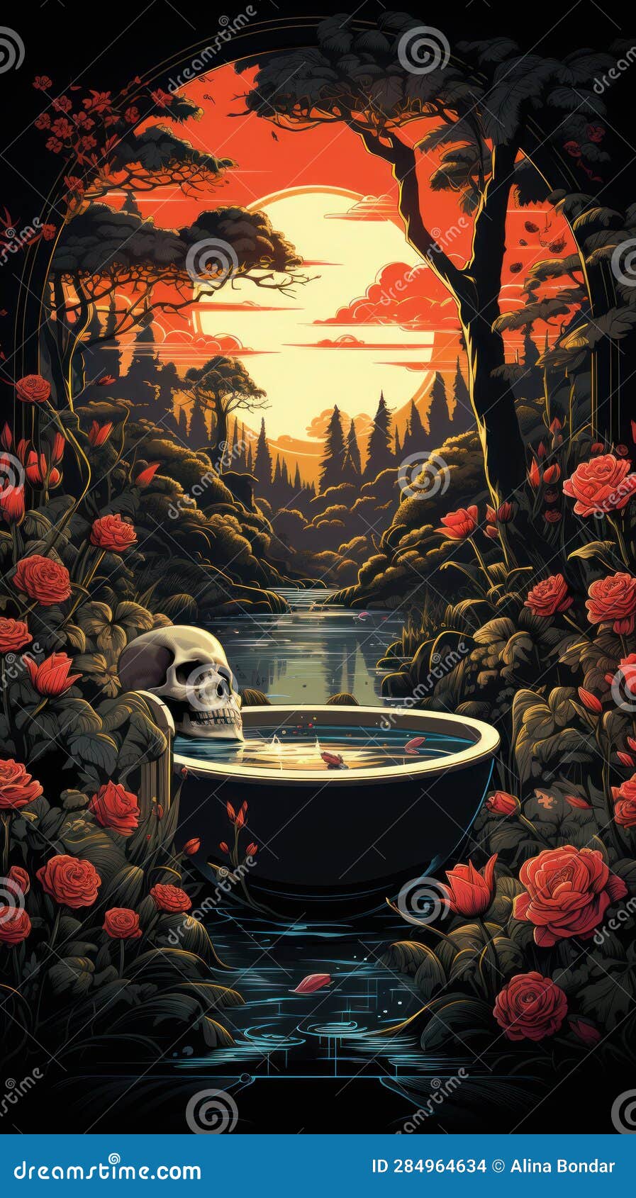 step into a surreal world where a skeleton finds relaxation in a claw bathtub. ceated with generative ai