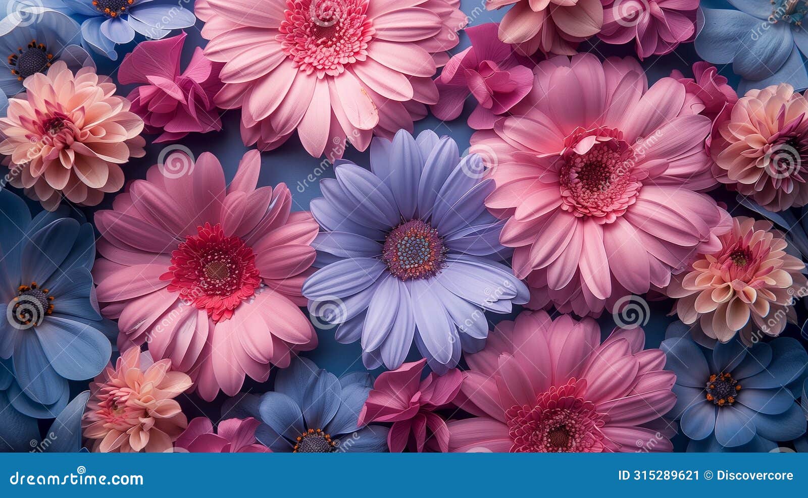 bountiful blossoms in pink and blue lush floral background