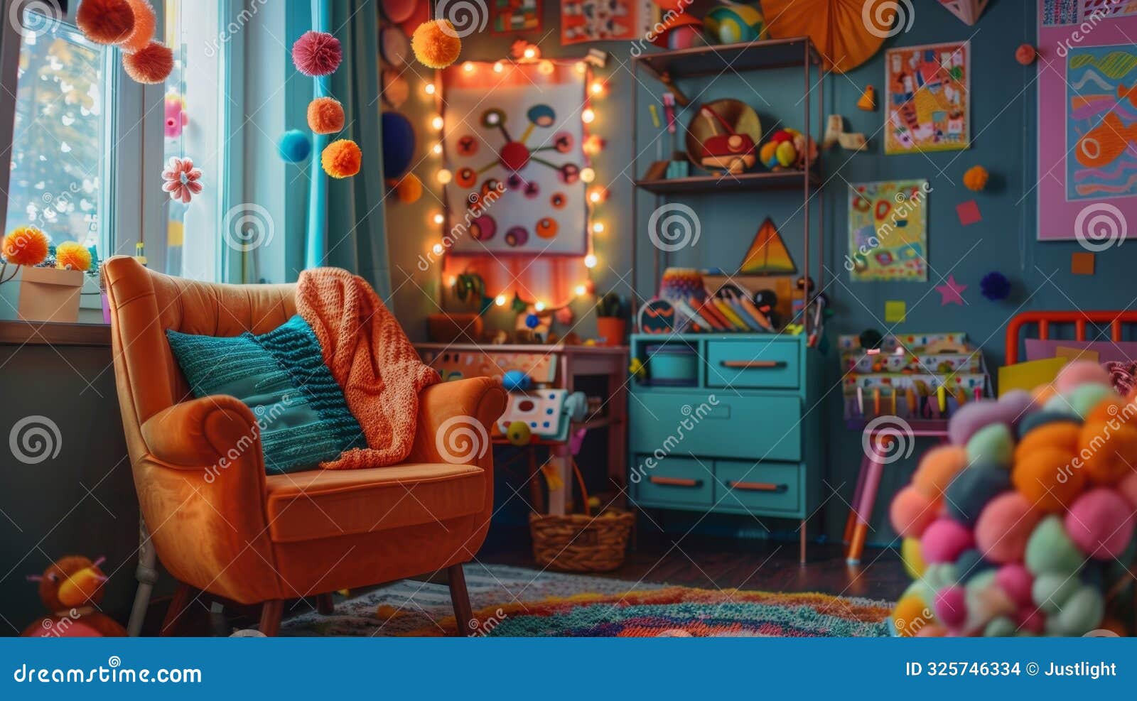 step into this whimsical corner adorned with vibrant craft materials a plush chair and gentle lighting to spark your