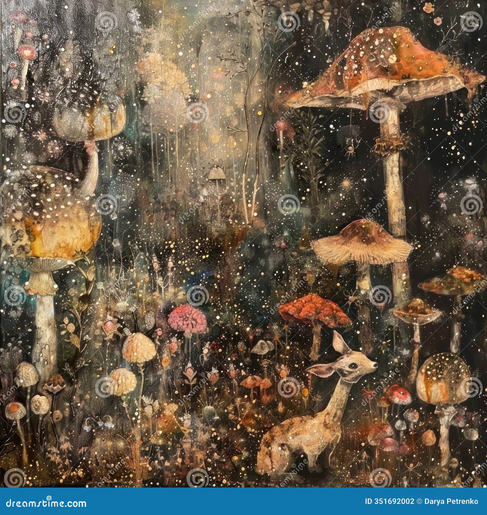 step into a whimsical forest scene teeming with oversized mushrooms and delicate creatures