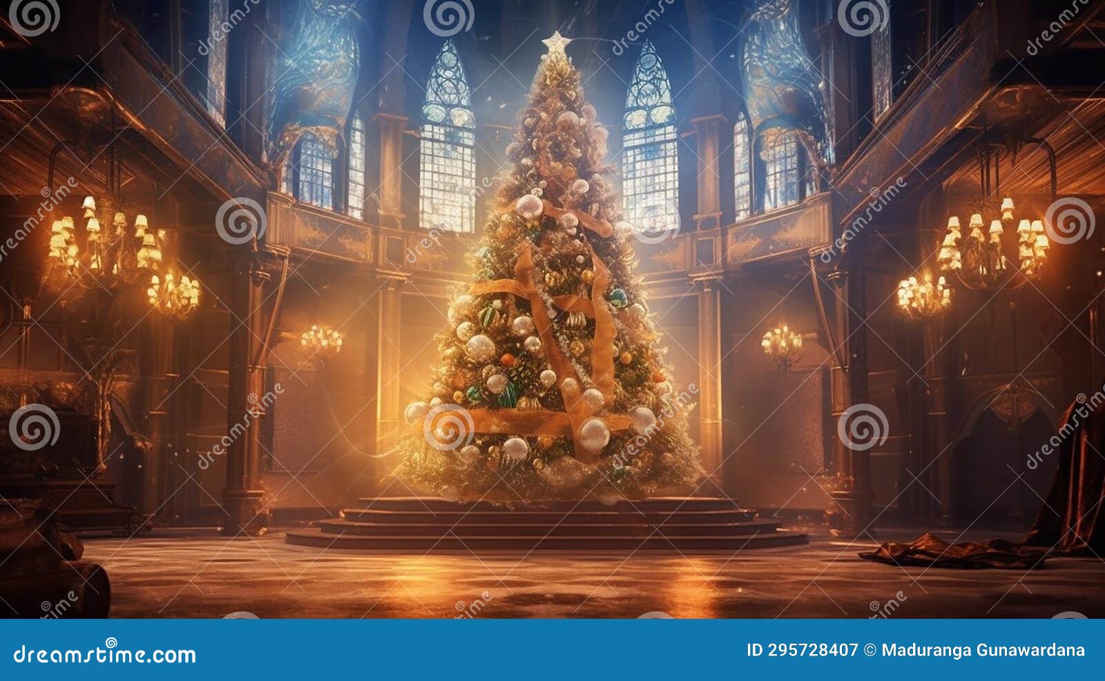 Enchanting Christmas Magic - Adorned Tree in a Blurred Light Aura Stock Illustration 