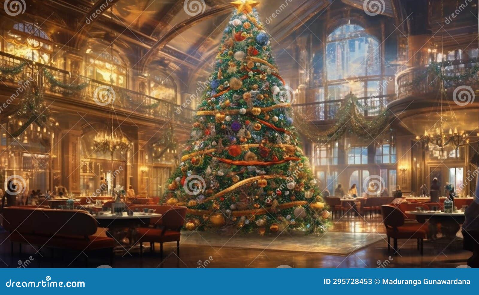 Enchanting Christmas Magic - Adorned Tree in a Blurred Light Aura Stock Illustration 