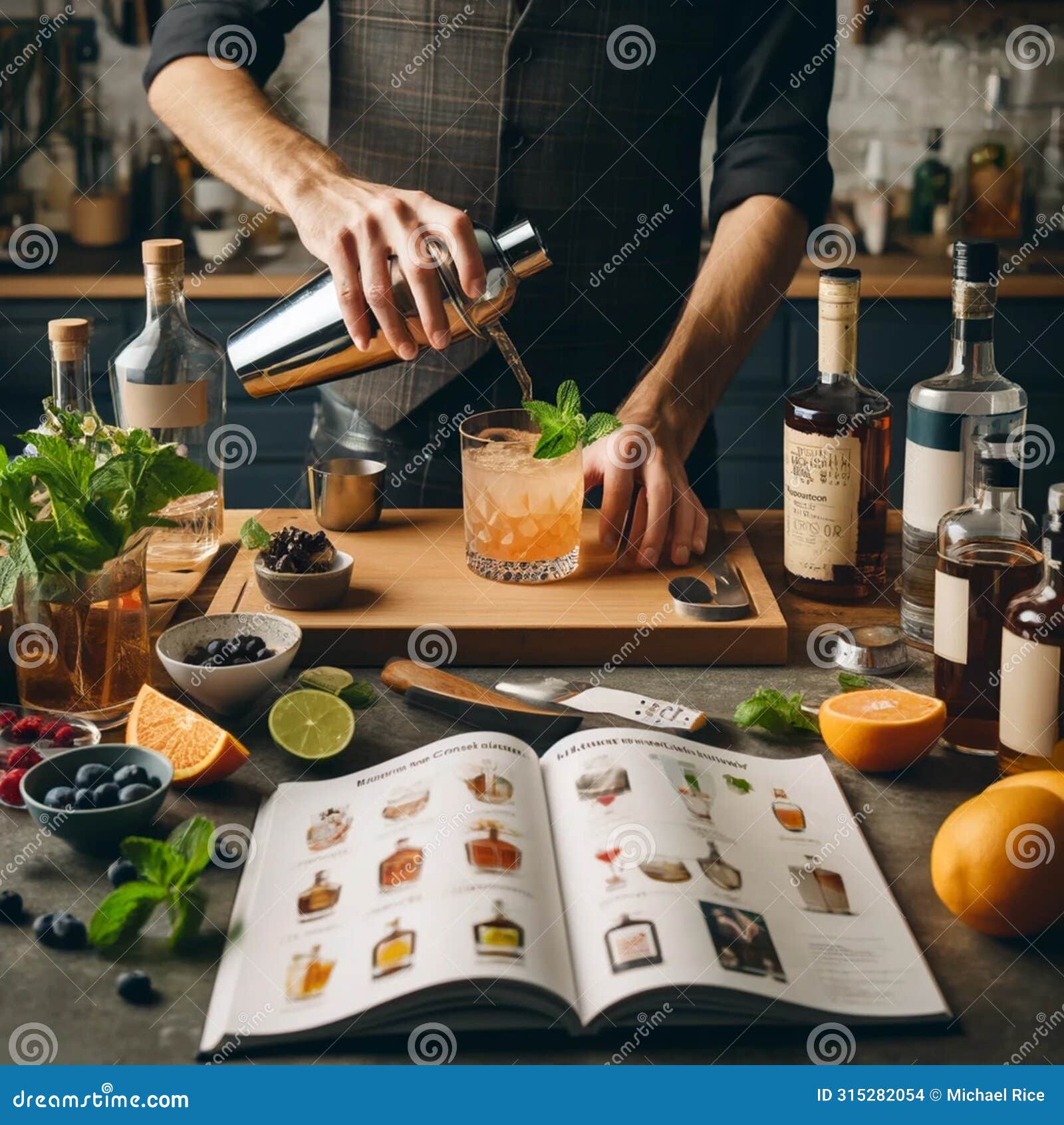 mixology mastery: hands crafting cocktails with recipe book and fresh ingredients