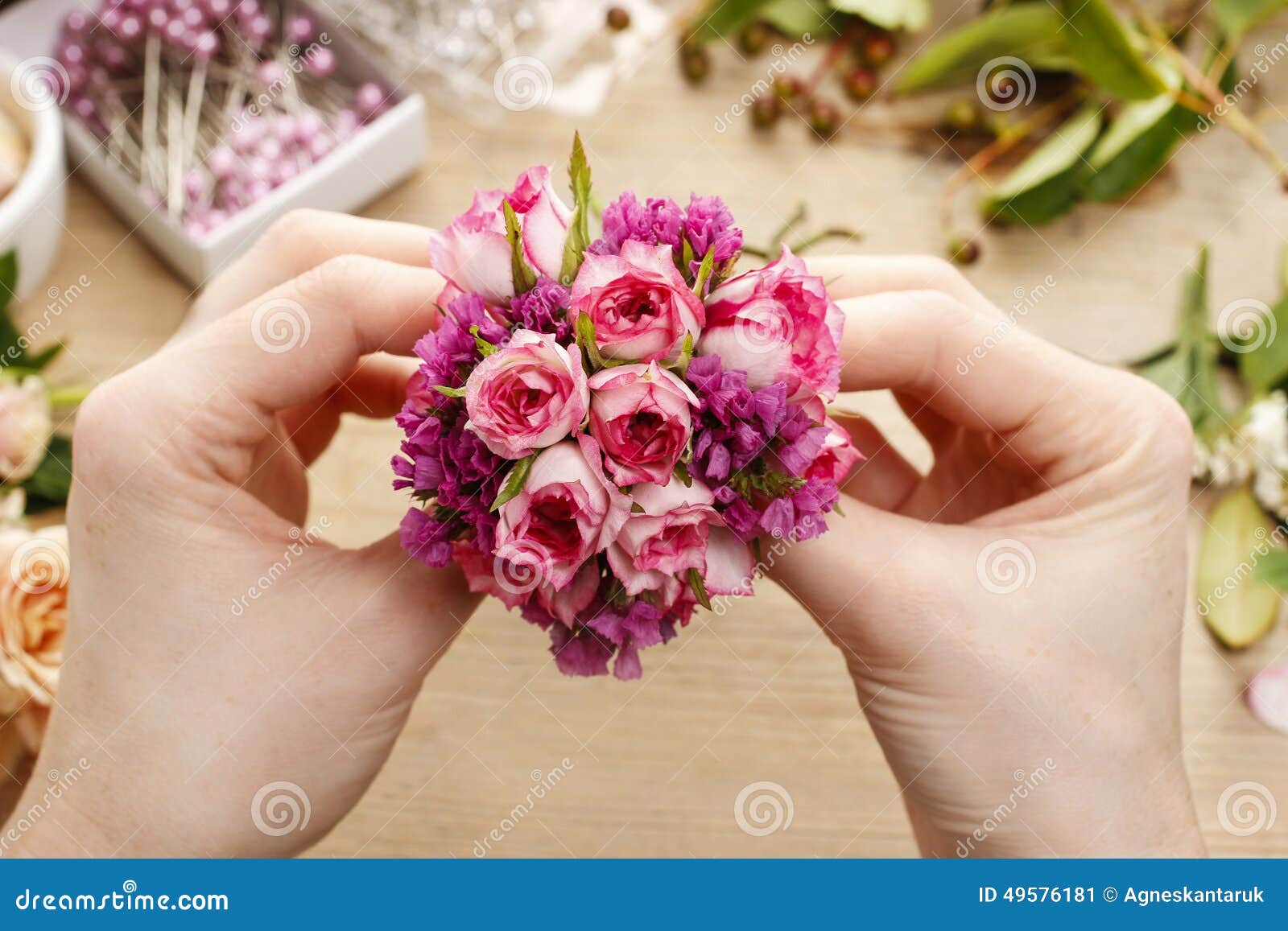 steps making wrist corsage florist work woman beautiful bouquet pink roses 49576181