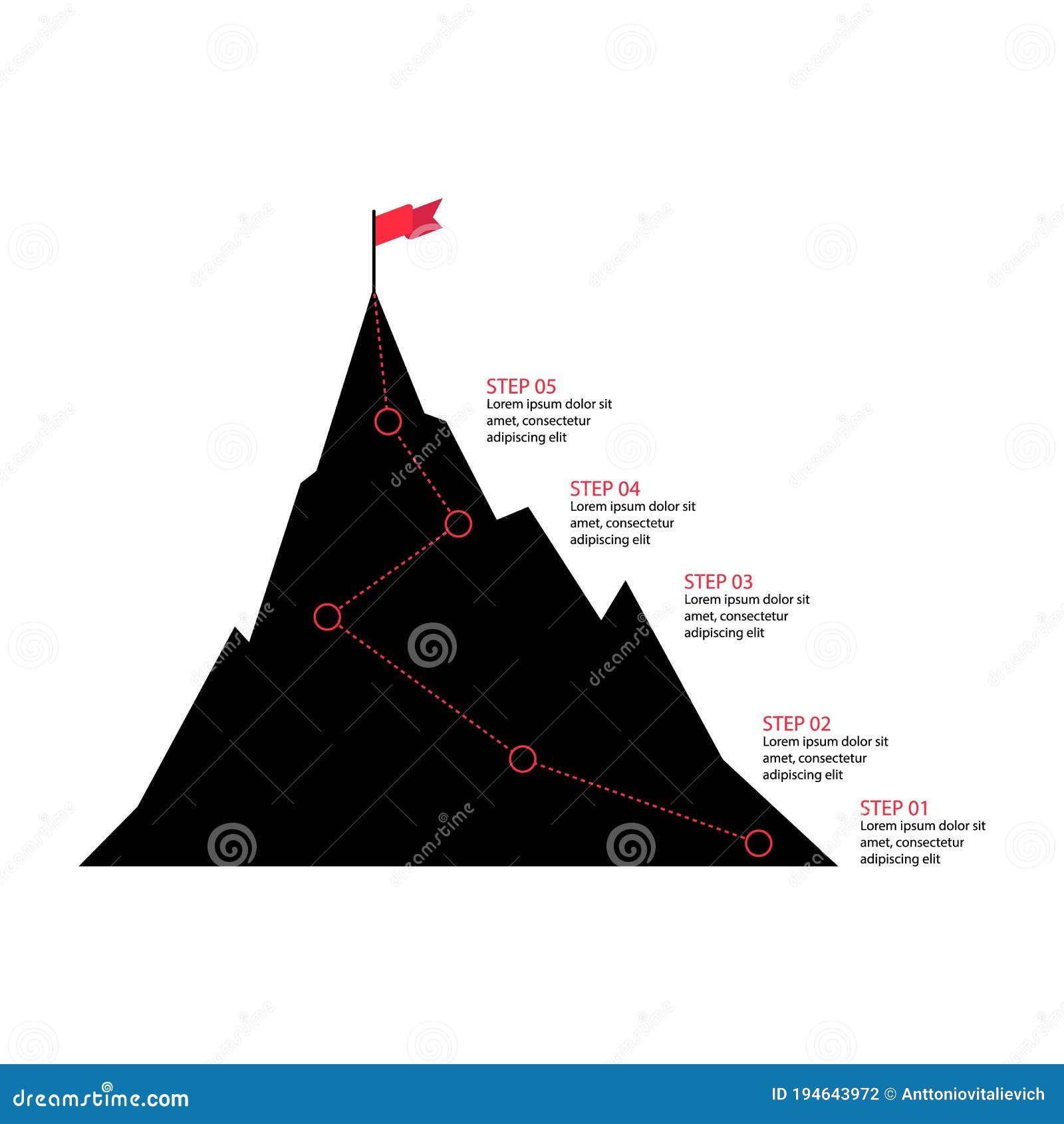 5 steps to success infographics. black icon. road to goal , move up, motivation. path to the target`s achievement