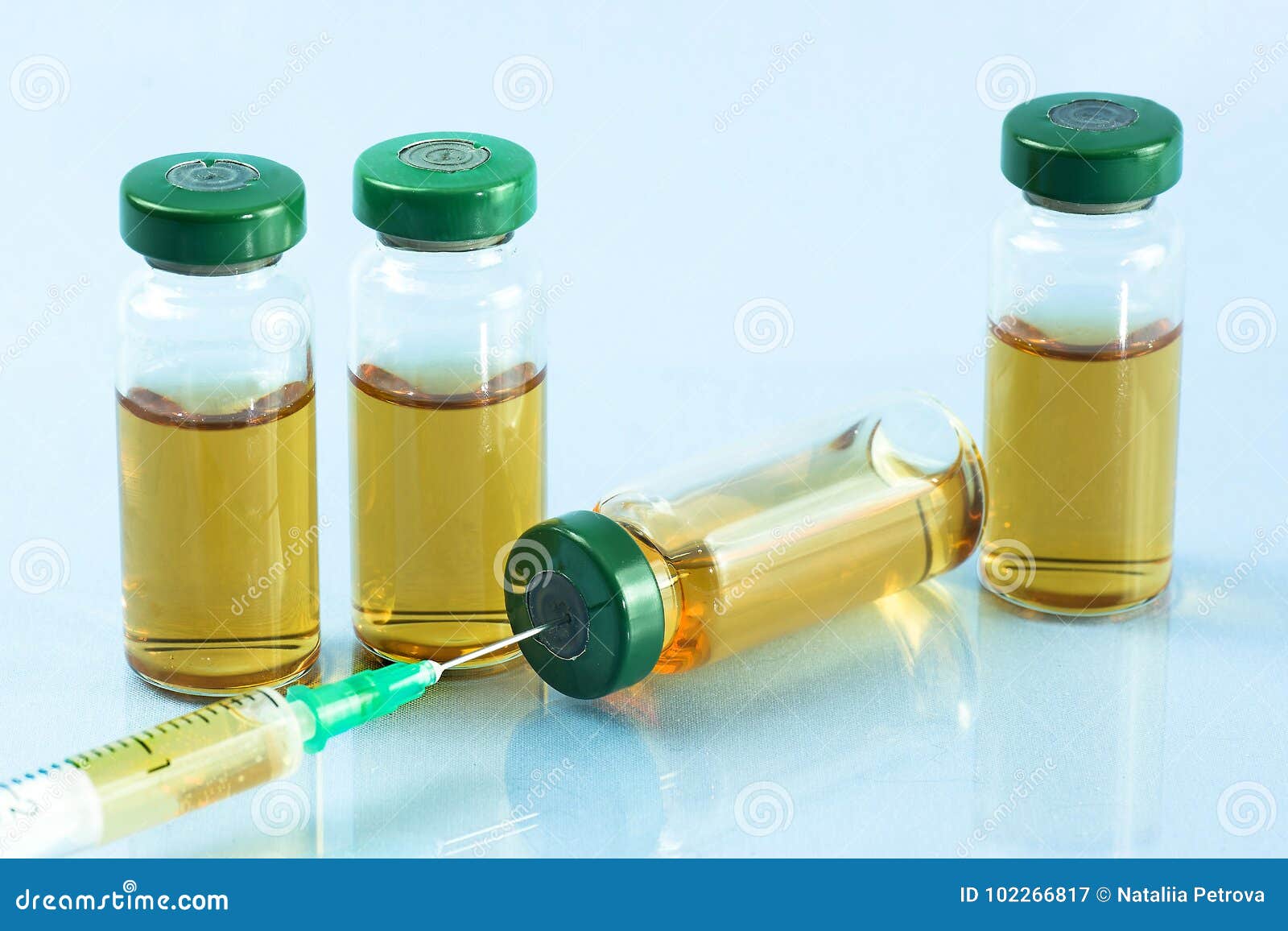 Sterile Medical Vials with Medication Solution, Ampoules, and Syringe