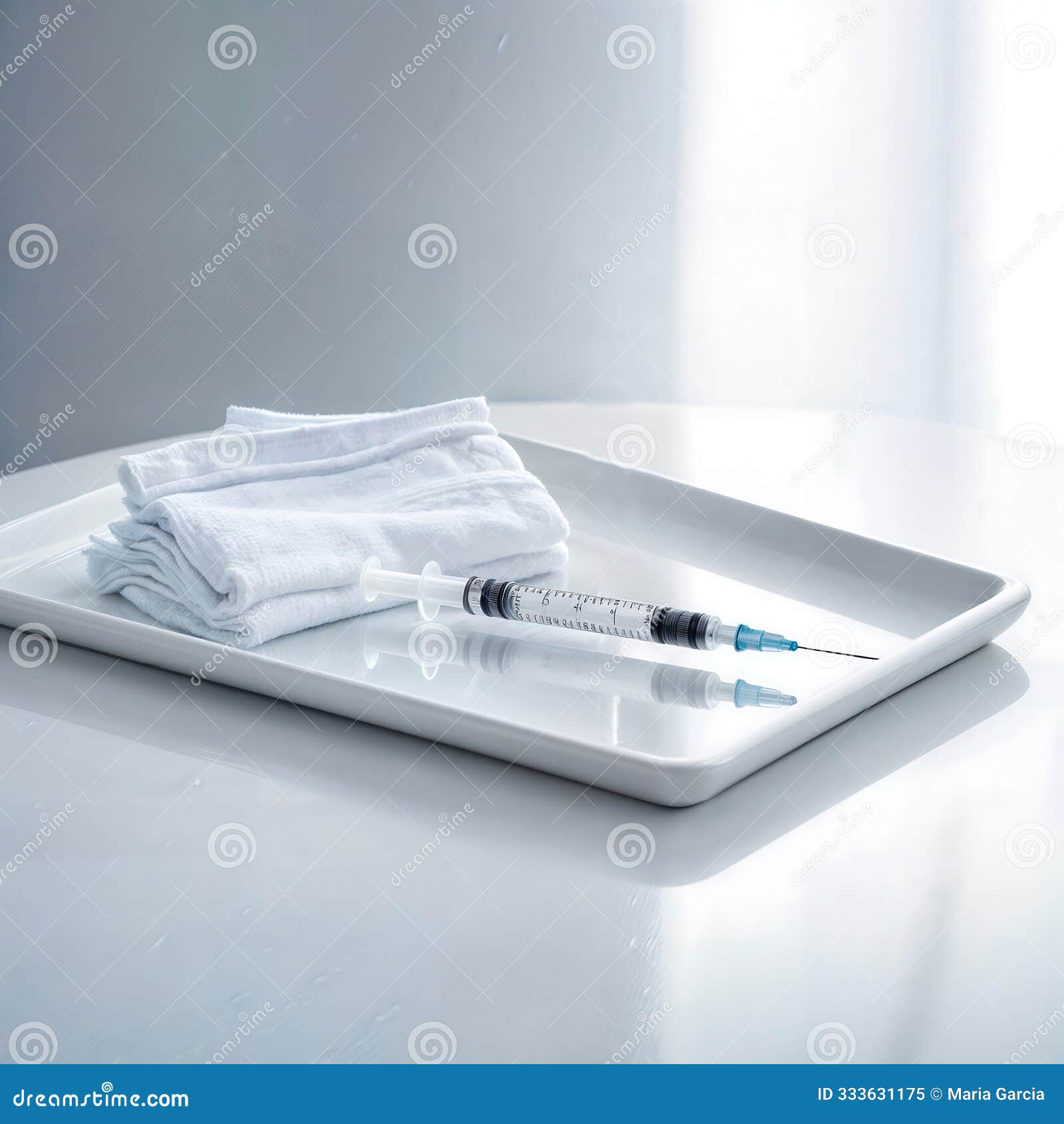 sterile syringe filled with botox solution, lying on a sleek, white tray beside a single, neatly folded surgical cloth