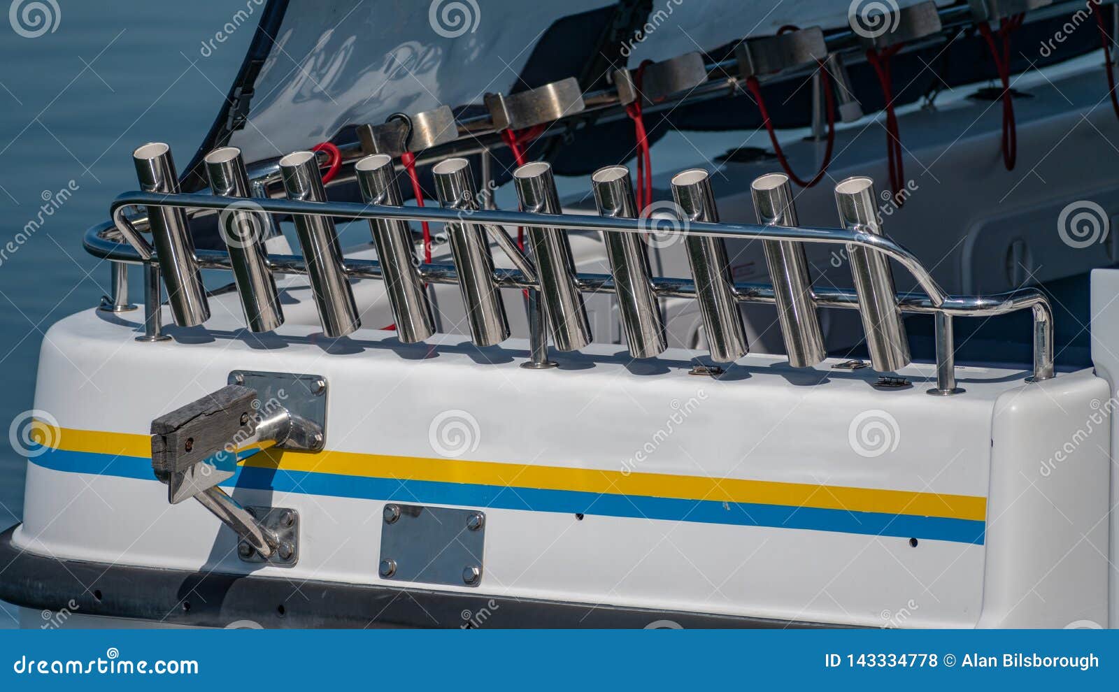 The Stern of a Boat with a Bullbar of Fishing Rod Holders Stock