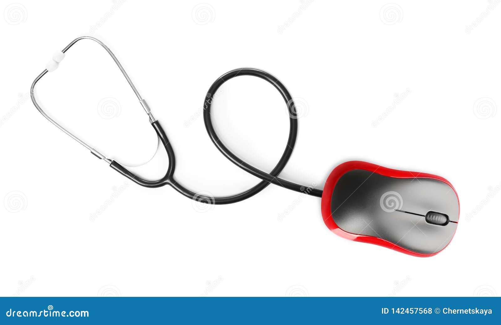 Stethoscope with Computer Mouse on White, Top View. Online Medical Consultation Stock Photo