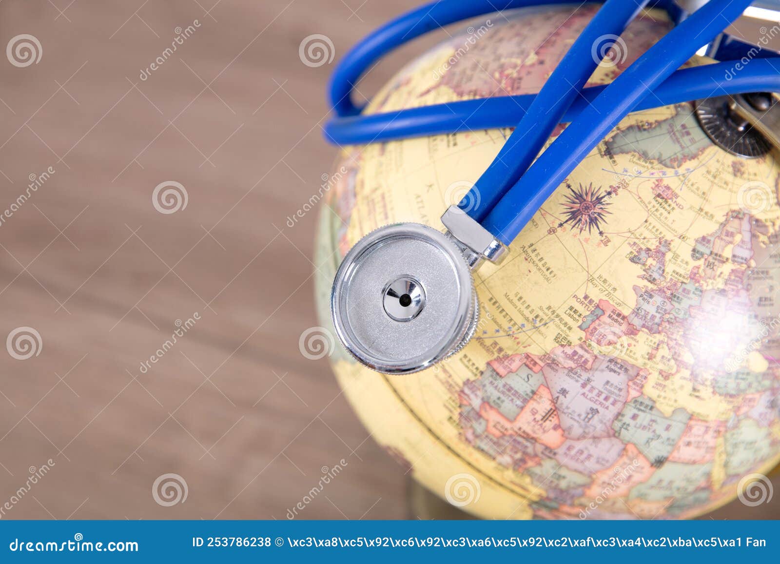 A Stethoscope on the globe stock photo. Image of items 253786238