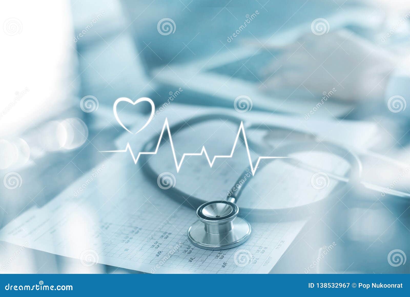 stethoscope with heart beat report and doctor analyzing checkup on laptop in health medical laboratory