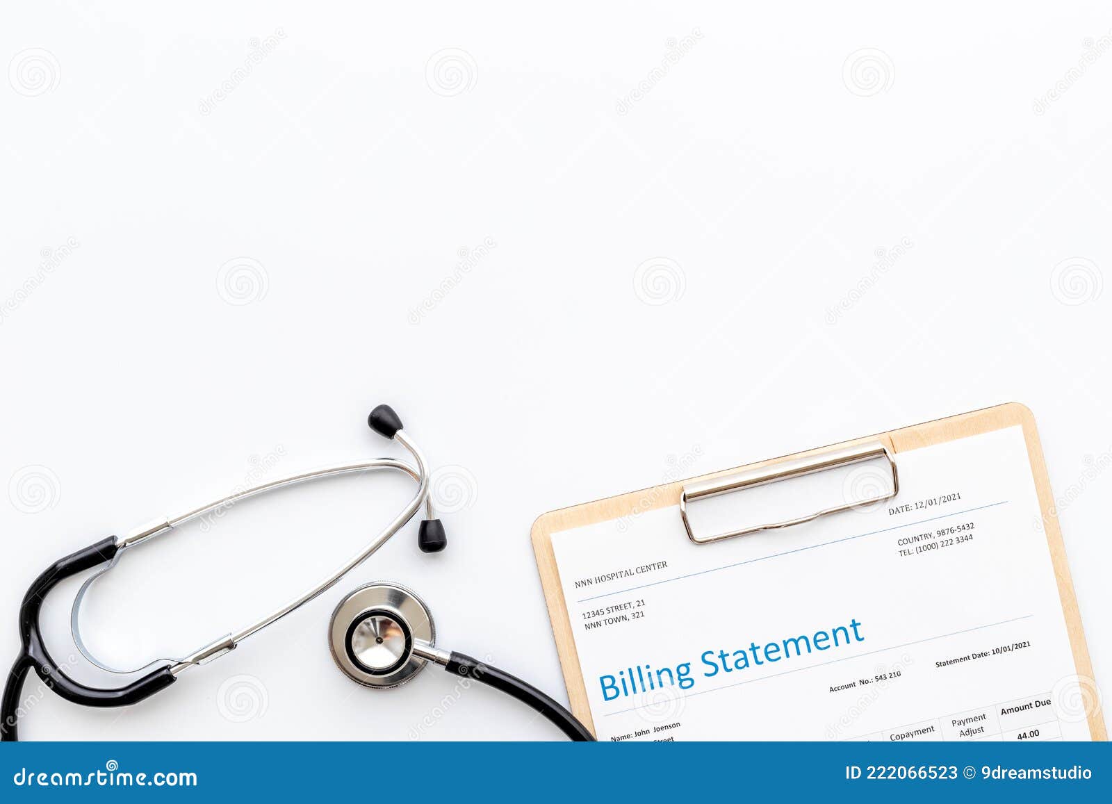 stethoscope with medical billing statement. top view