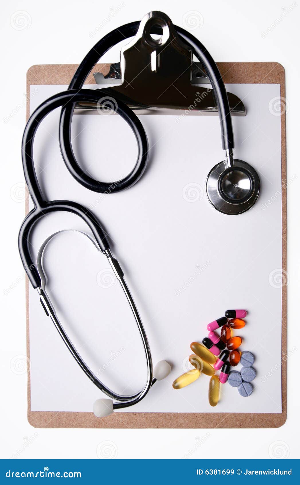 stethoscope and medicine on clipboard