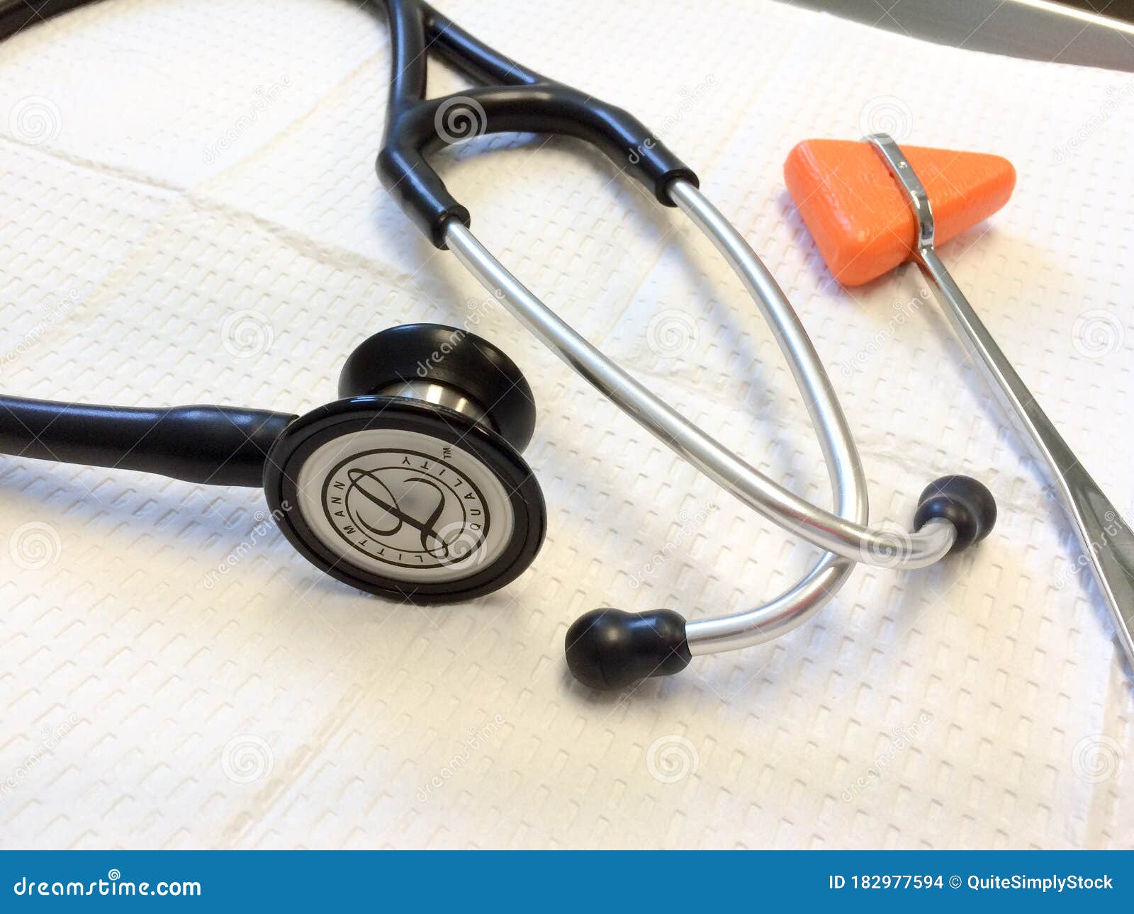 Stethoscope Rubber Reflex Hammer on White Tray Editorial Stock Image