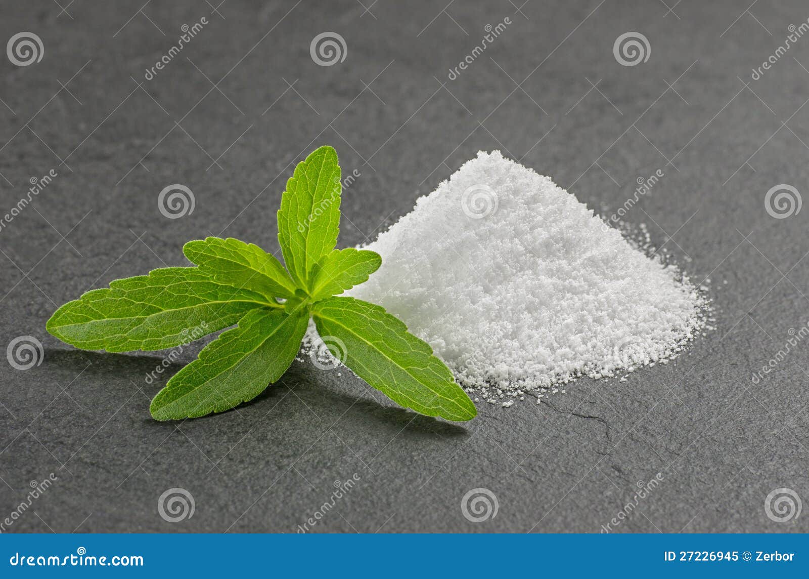 Stevia Leaves with Stevia Powder on a Slate Plate Stock Image Image