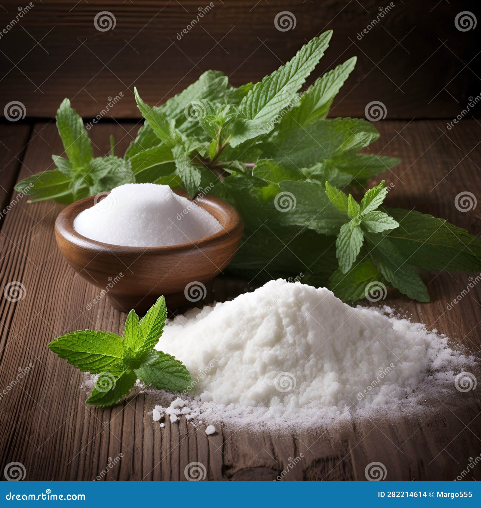 Stevia Leaves and Stevia Sugar on Wooden Backgrounds Stock Illustration