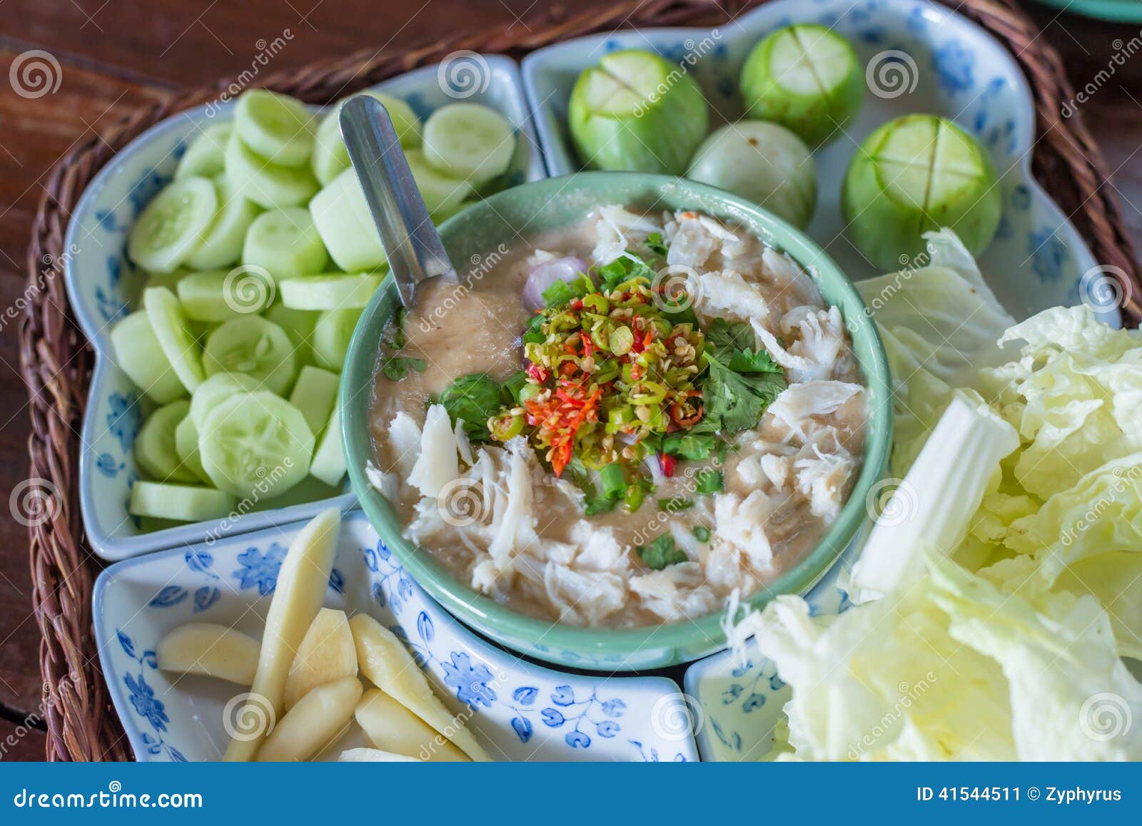 Stew Crab with Coconut Milk Dip Sauce and Fresh Vegetables Stock Image