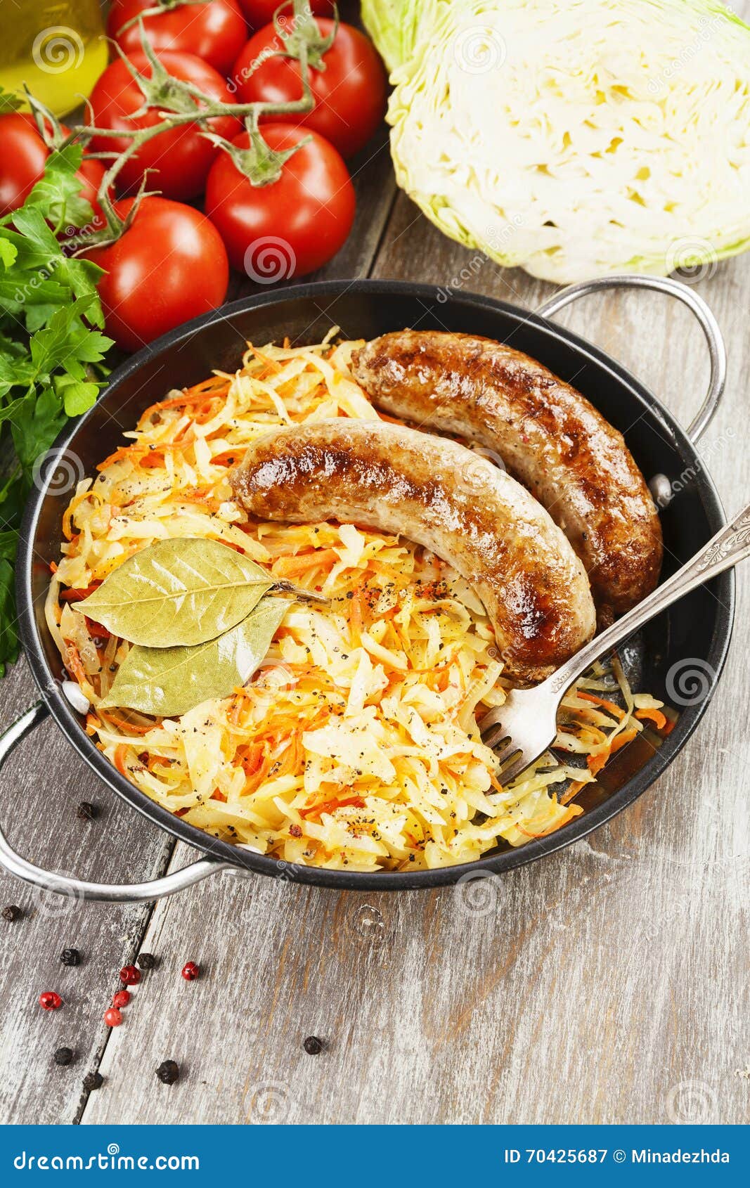 Stewed Cabbage with Fried Sausage Stock Image Image of natural