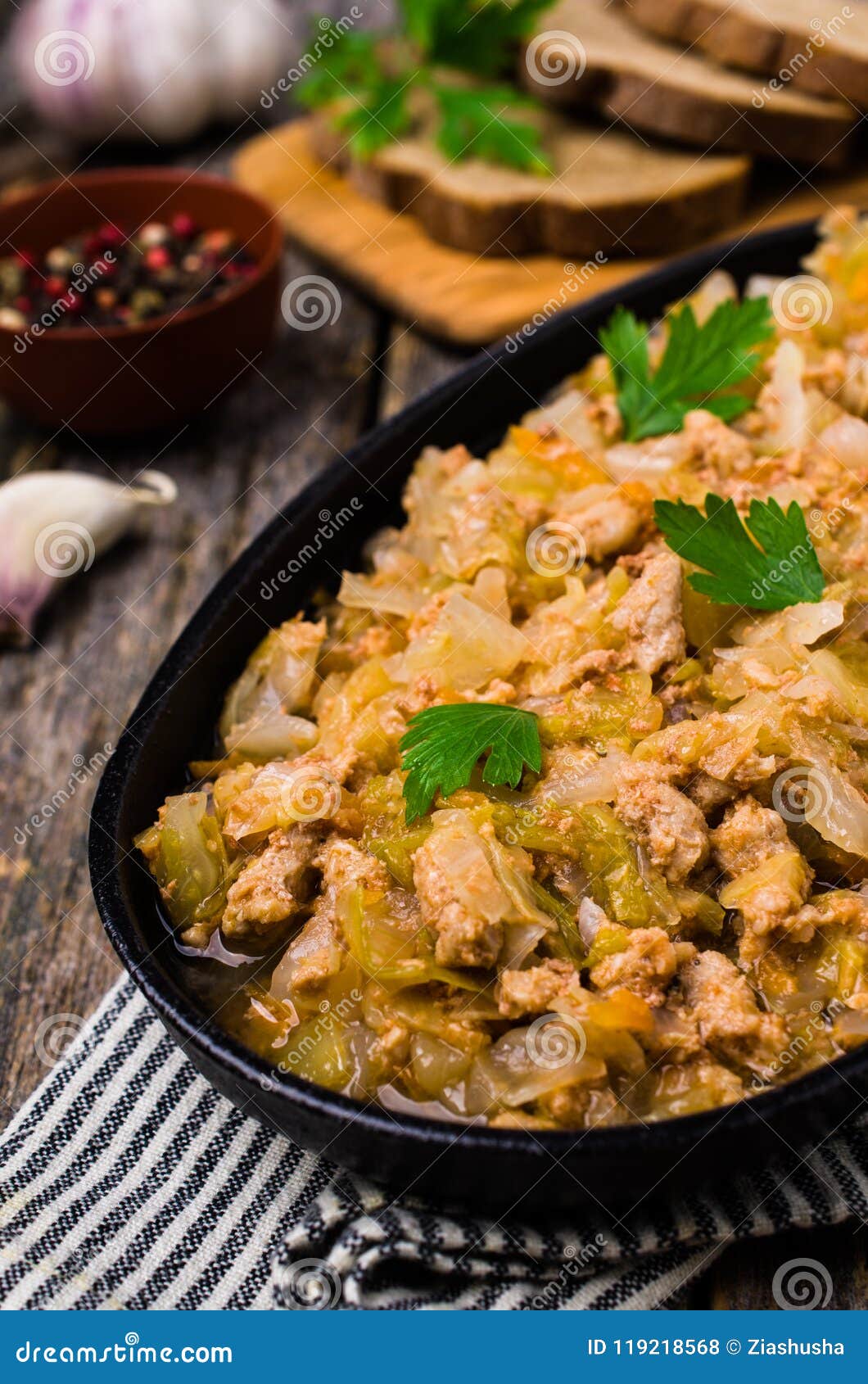 Stewed Cabbage with Minced Meat Stock Photo Image of ground, cutlery
