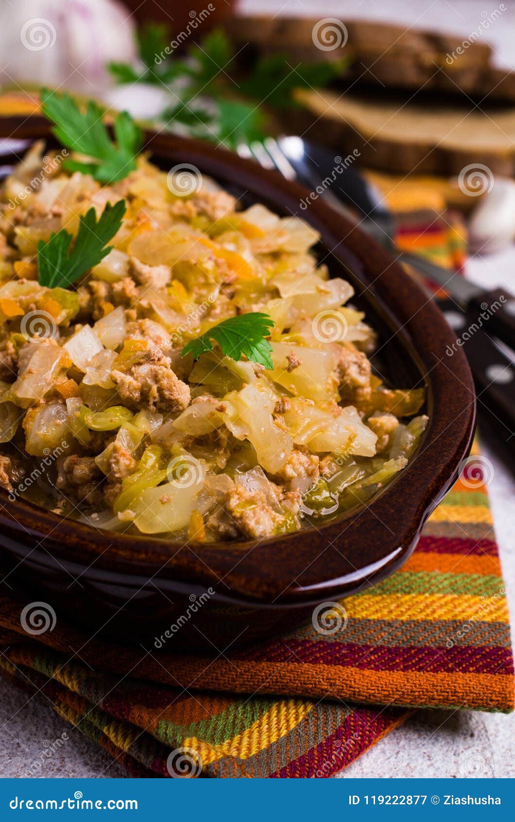 Stewed Cabbage with Minced Meat Stock Image Image of cutlery, bread