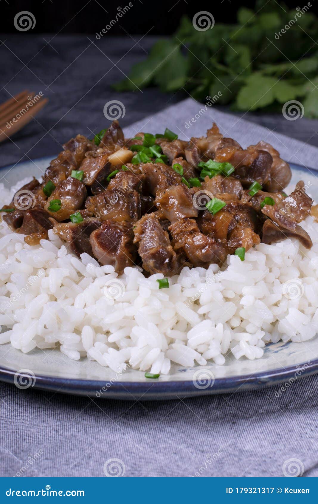 Stewed Chicken Gizzards on the Boiled Rice Stock Image - Image of ...