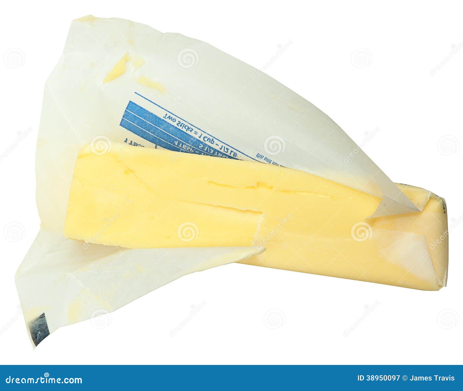 stick of butter in paper unwrapped over white