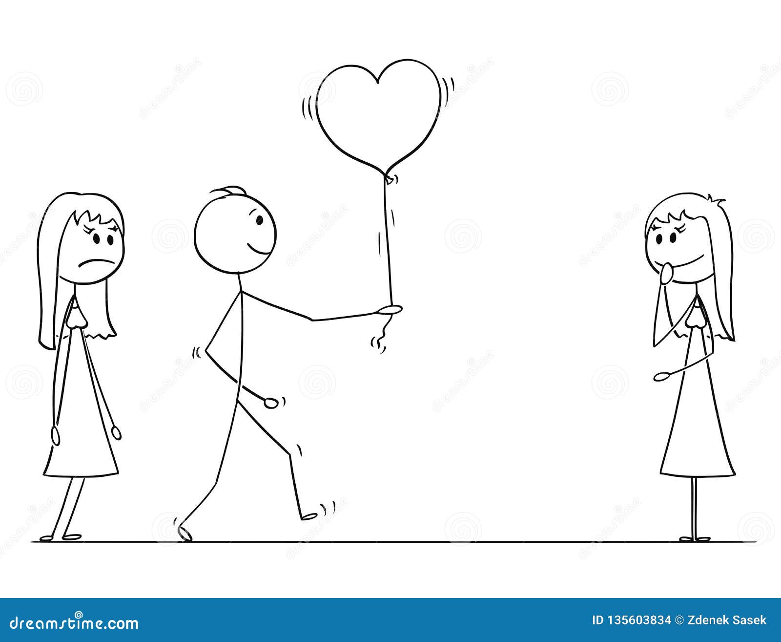 Stick Character Cartoon Of Loving Man Or Boy Giving Balloon Heart To One Woman Or Girl Instead Of Another Stock Vector Illustration Of Humor Metaphor
