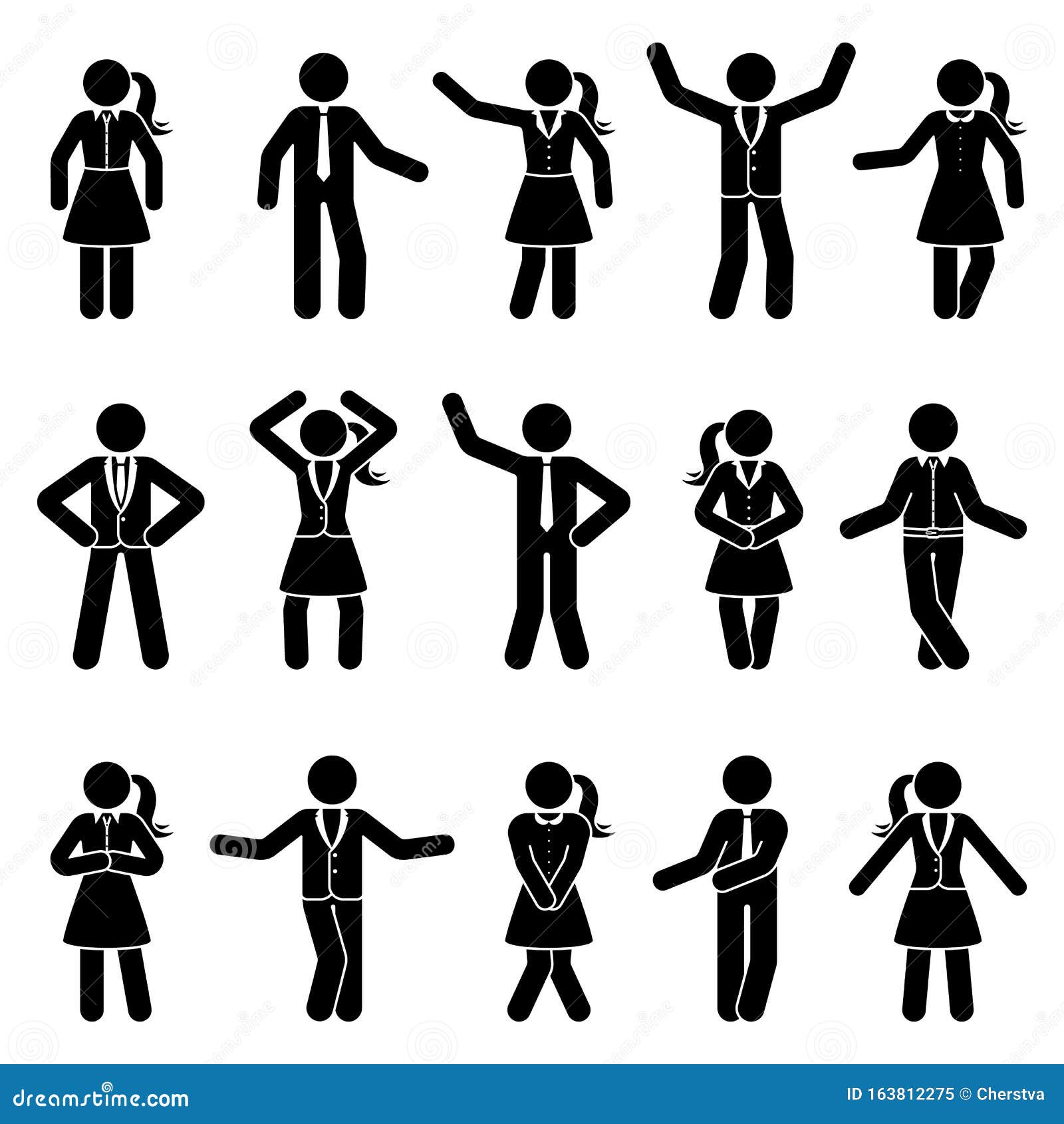 stick figure business male and female standing front view different poses  icon pictogram set. office men and women people