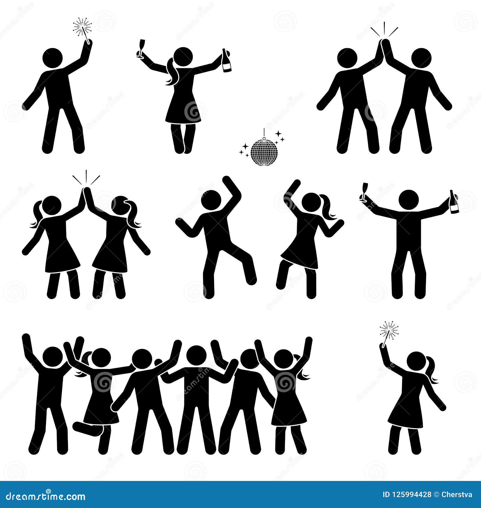 Stick figure celebrating people icon set. Happy men and women dancing, jumping, hands up pictogram.