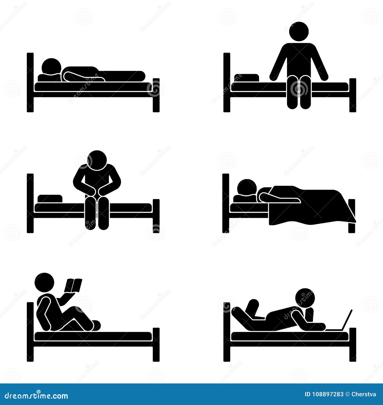 stick figure different position in bed.   of dreaming, sitting, sleeping person icon  sign set pictogram.