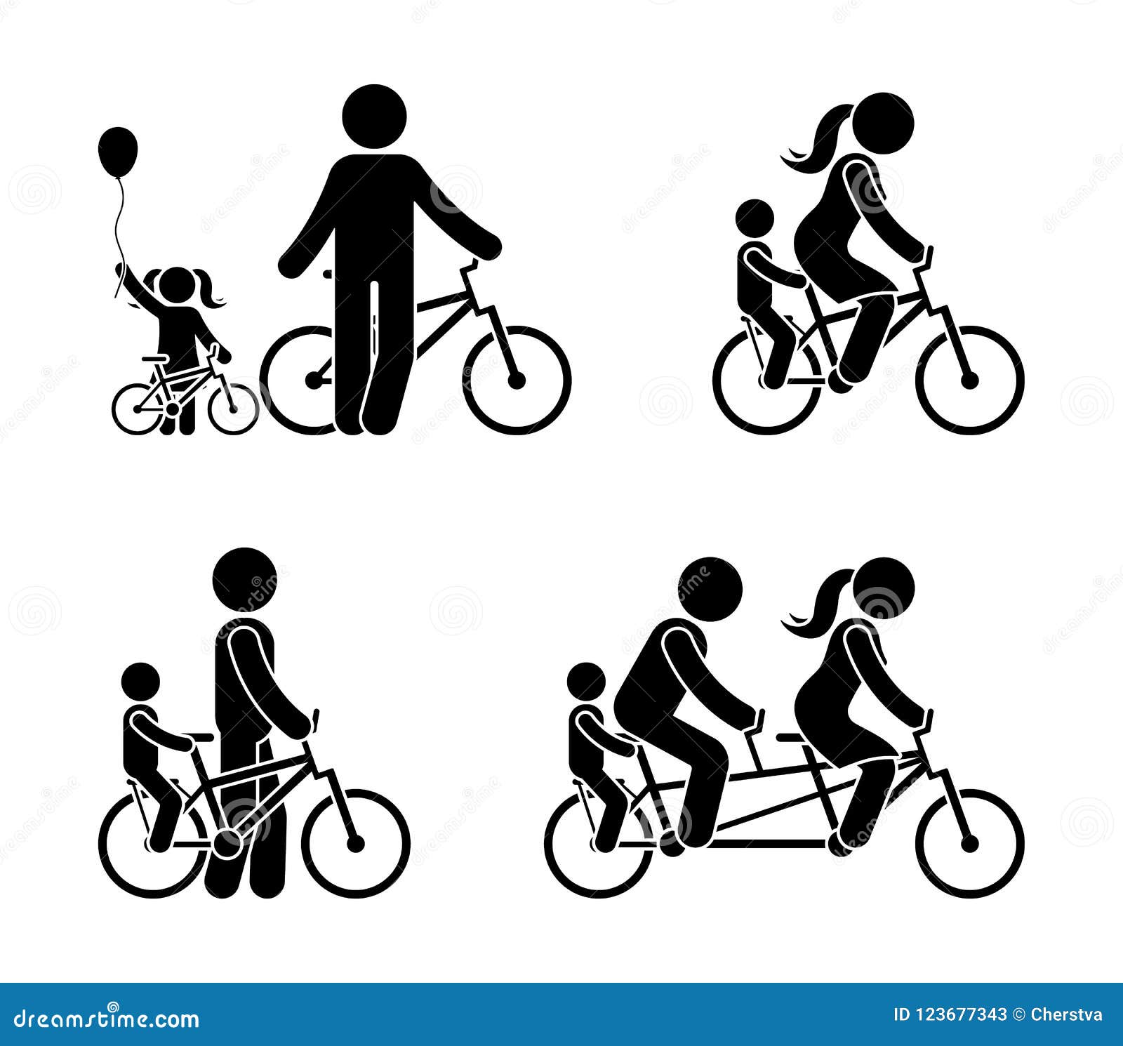 stick figure family riding bicycle pictogram. happy mam, dad and kid outdoor.