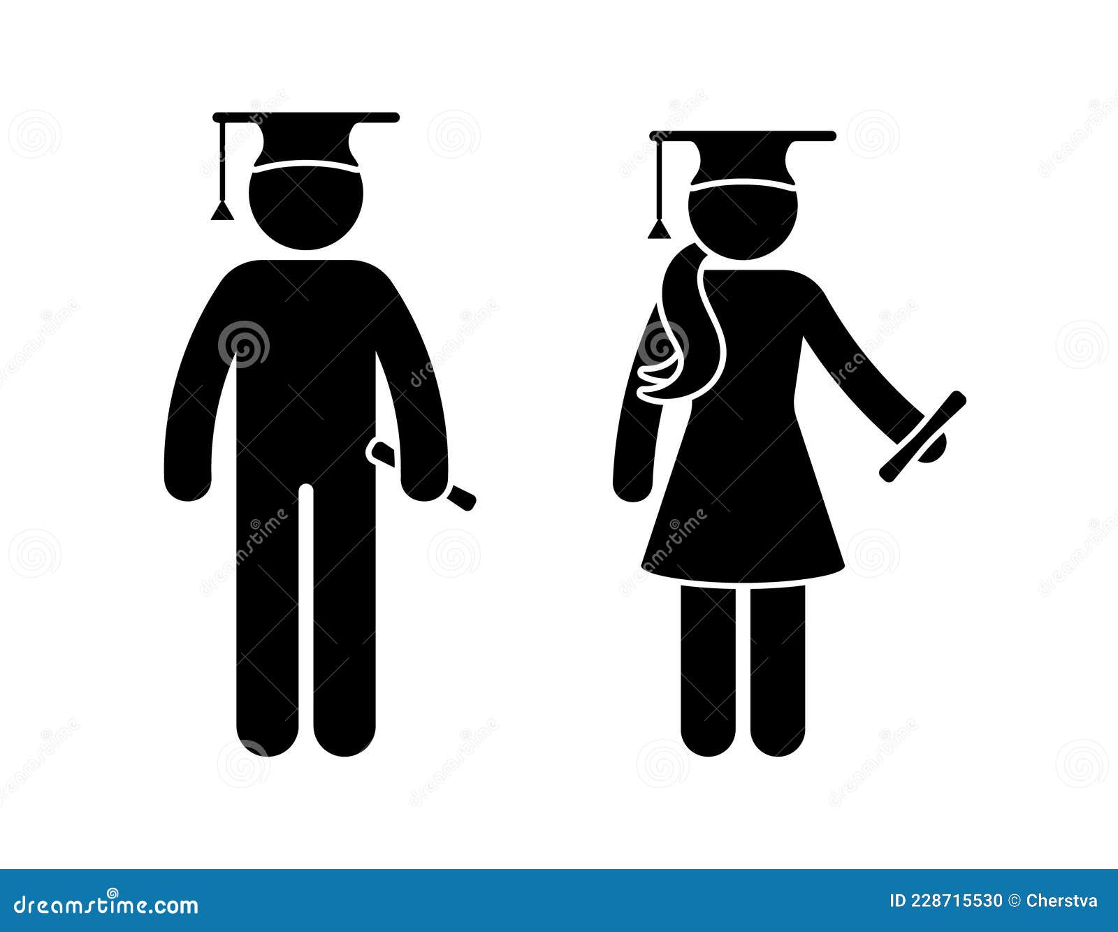 stick figure graduate teenage boy and girl  icon set. young students standing with diploma wearing cap, hat with tassel