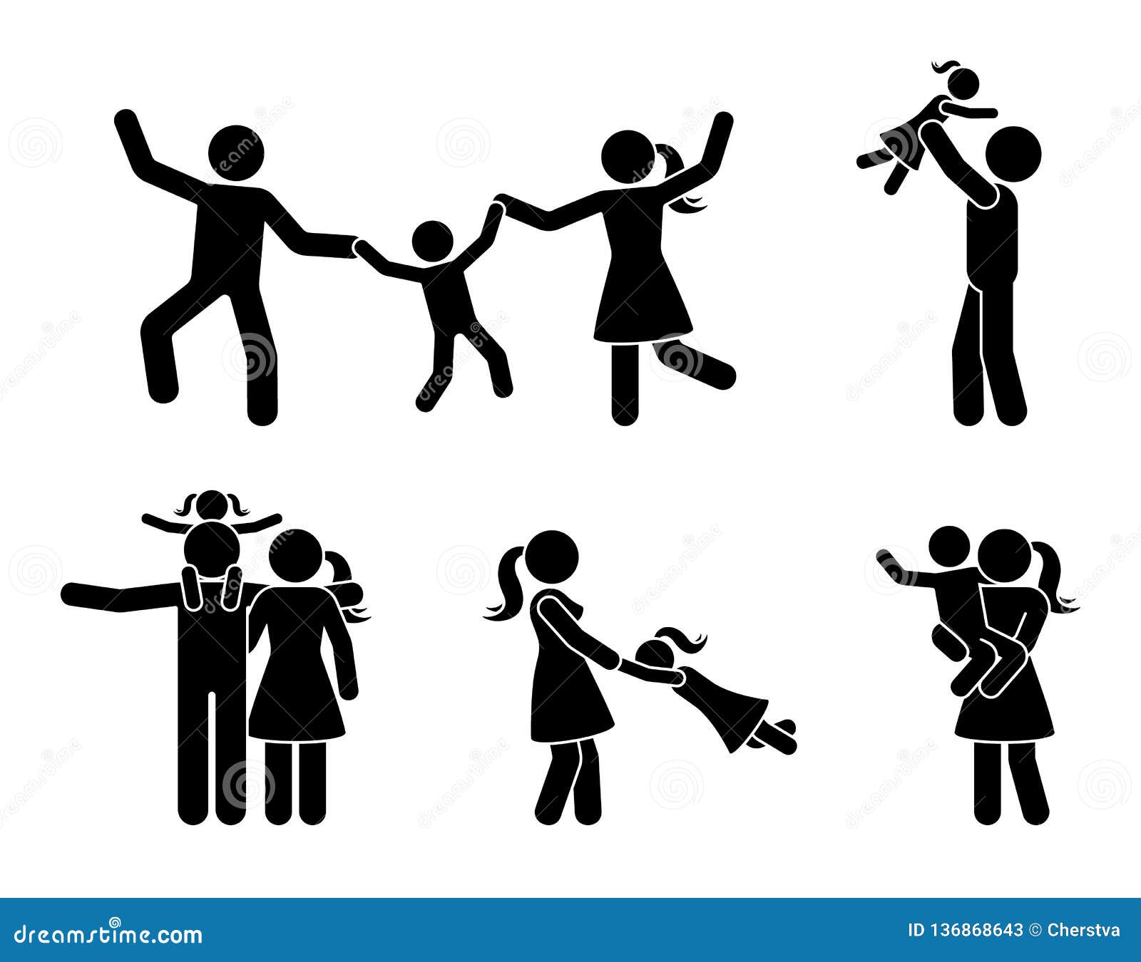 stick figure happy family having fun icon set. parents and children playing together pictogram.